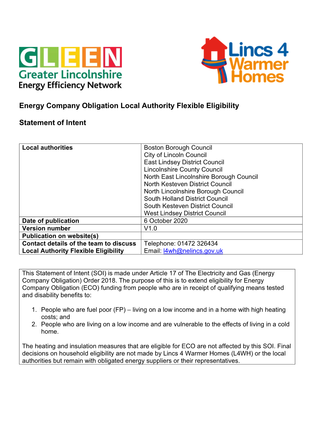 Greater Lincolnshire Energy Efficiency Network Statement of Intent