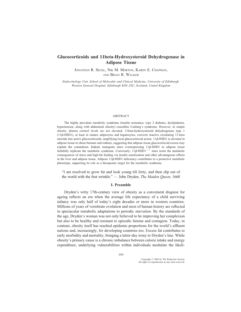 Glucocorticoids and 11Beta-Hydroxysteroid Dehydrogenase in Adipose Tissue