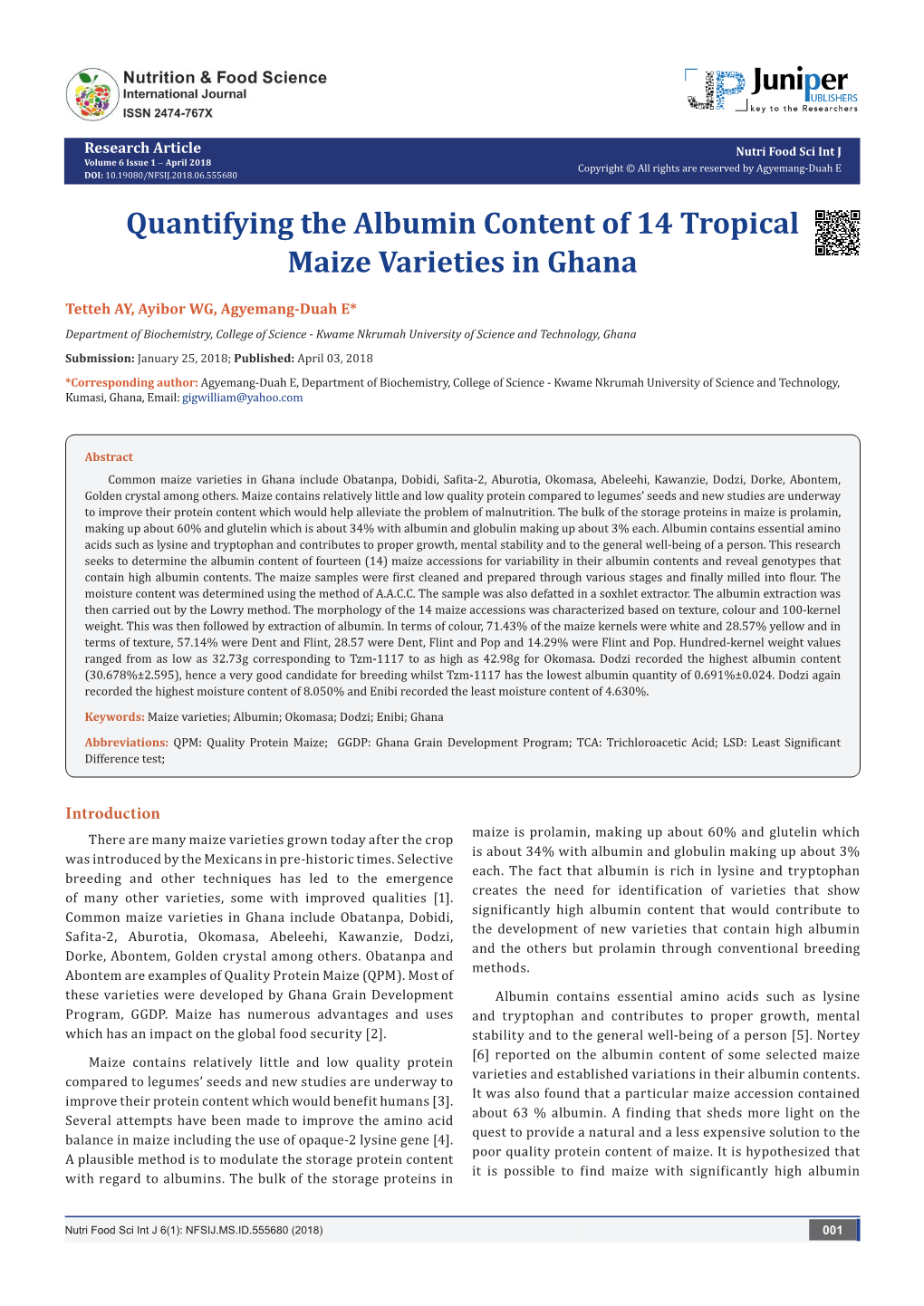 Quantification of the Albumin Content of 14 Maize Varieties in Ghana