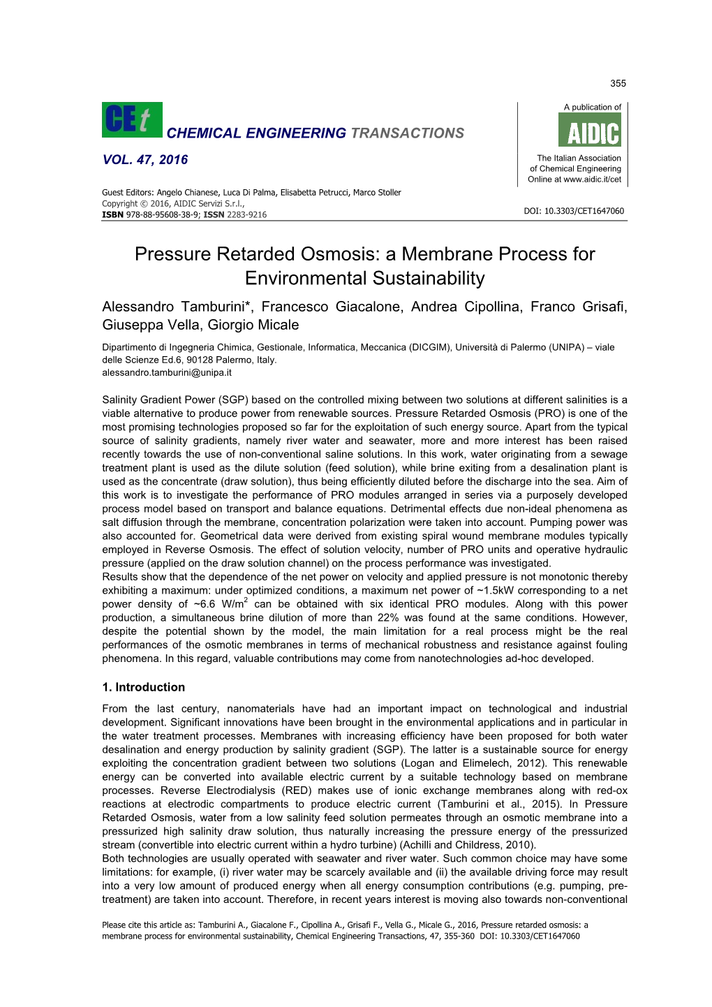 Pressure Retarded Osmosis: a Membrane Process For