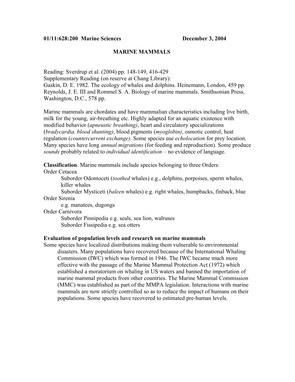 Reading: Sverdrup Et Al. (2004) Pp. 148-149, 416-429