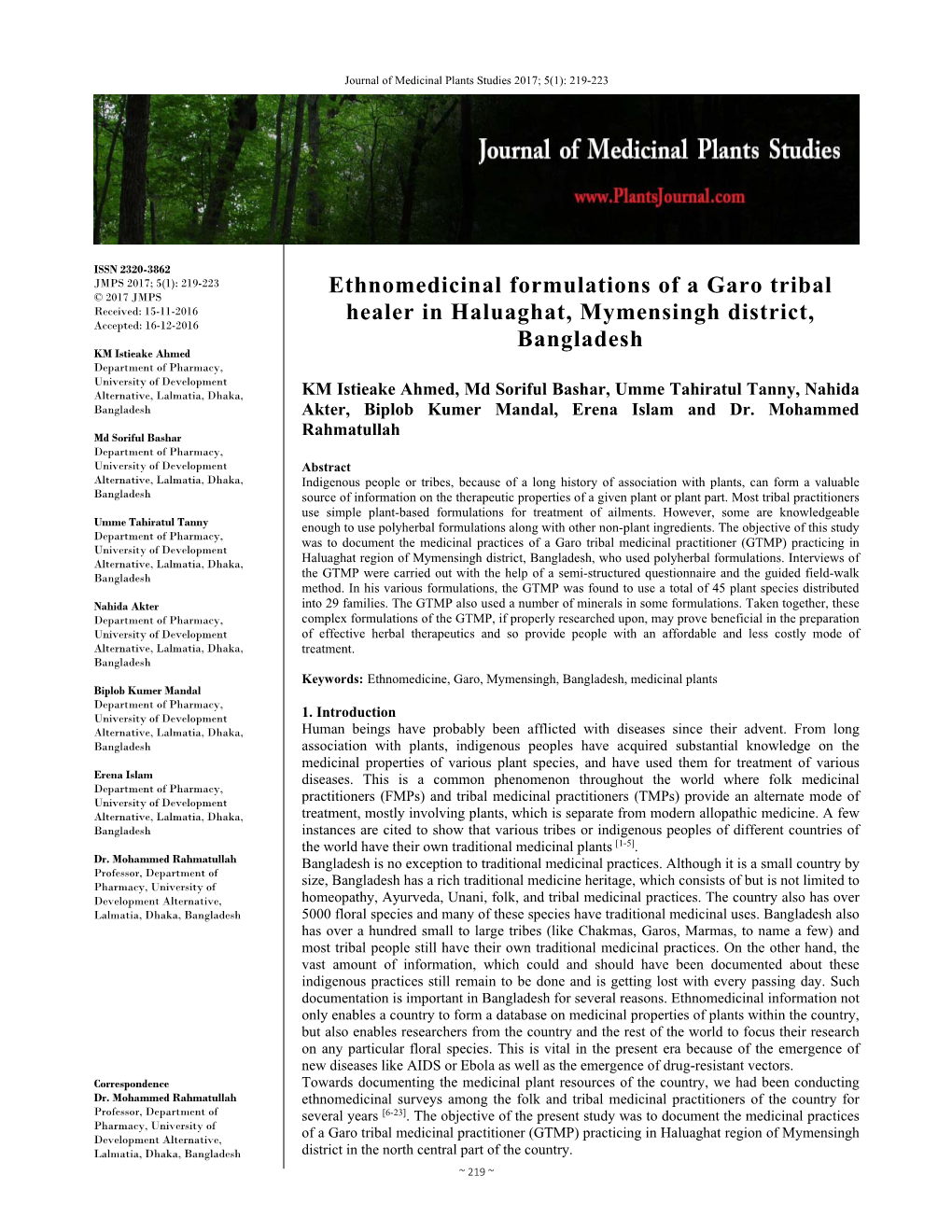 Ethnomedicinal Formulations of a Garo Tribal Healer in Haluaghat