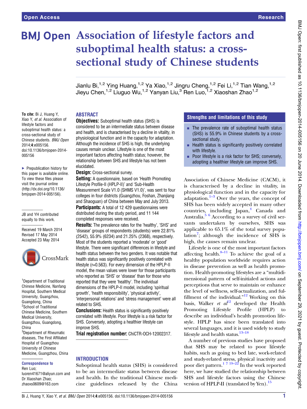 Association of Lifestyle Factors and Suboptimal Health Status: a Cross- Sectional Study of Chinese Students