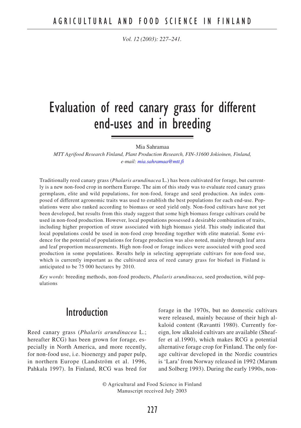 Evaluation of Reed Canary Grass for Different End-Uses and in Breeding