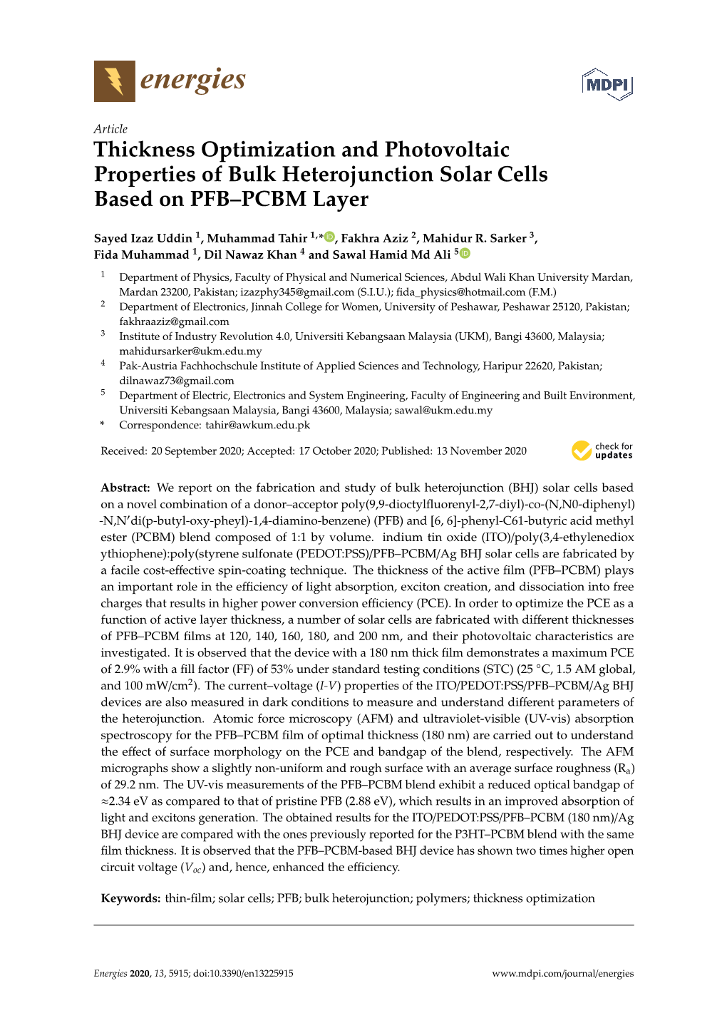 Thickness Optimization and Photovoltaic Properties of Bulk Heterojunction Solar Cells Based on PFB–PCBM Layer