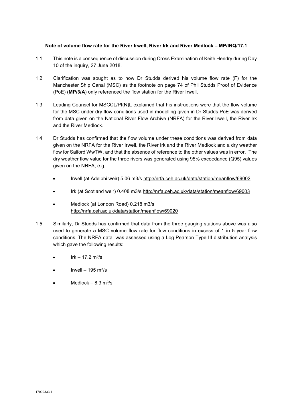 Note of Volume Flow Rate for the River Irwell, River Irk and River Medlock – MP/INQ/17.1