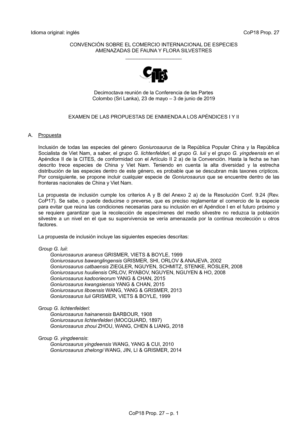 Proposal for Amendment of Appendix I Or II for CITES Cop18