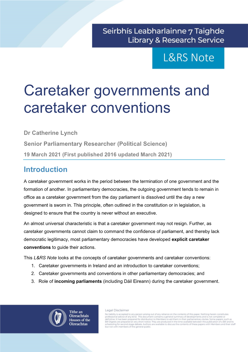 L&RS Note: Caretaker Governments and Caretaker Conventions