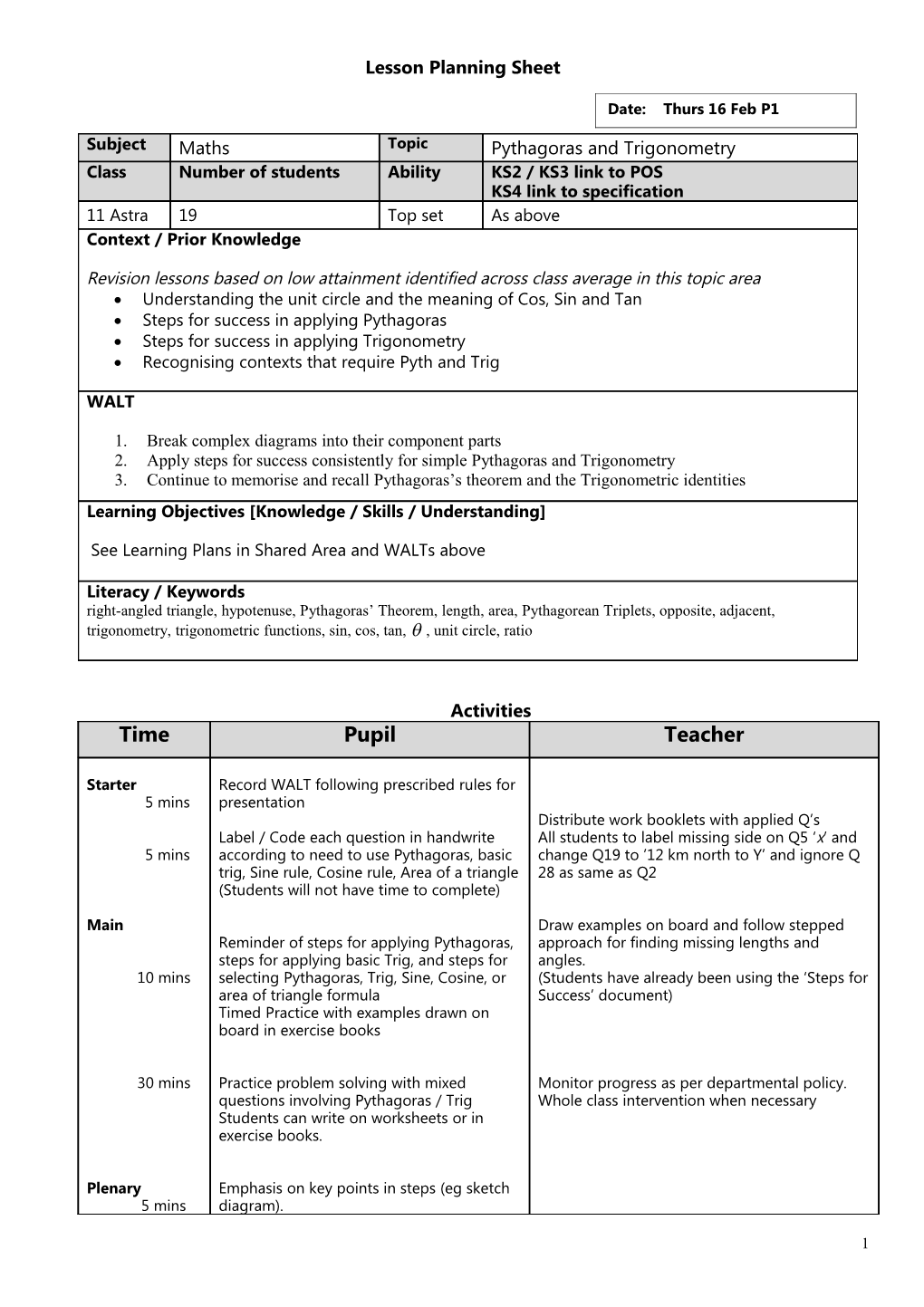 Lesson Planning Sheet