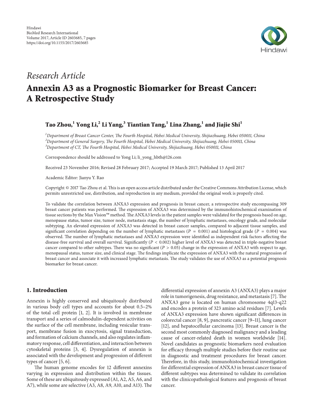 Annexin A3 As a Prognostic Biomarker for Breast Cancer: a Retrospective Study