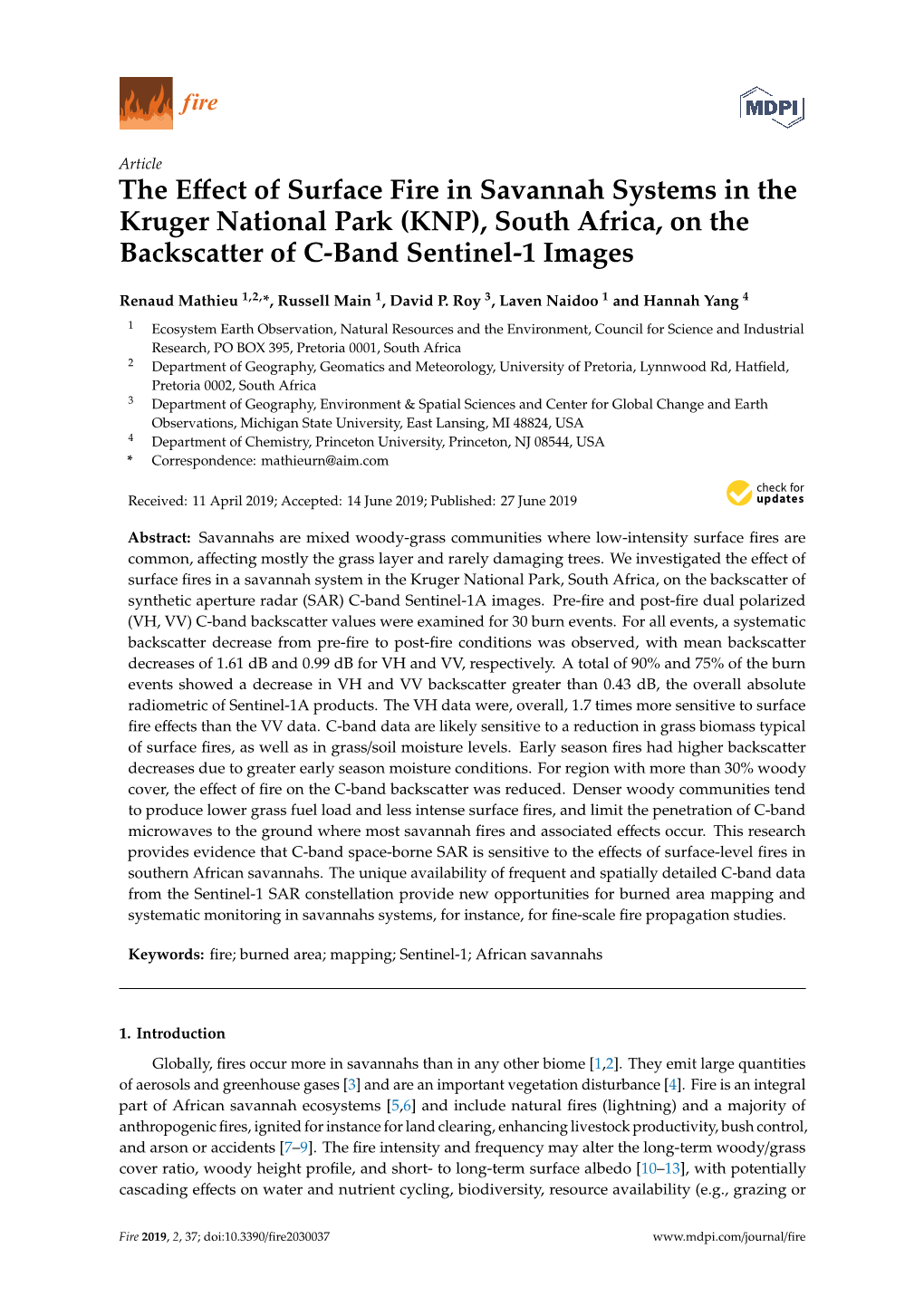 The Effect of Surface Fire in Savannah Systems in the Kruger National Park