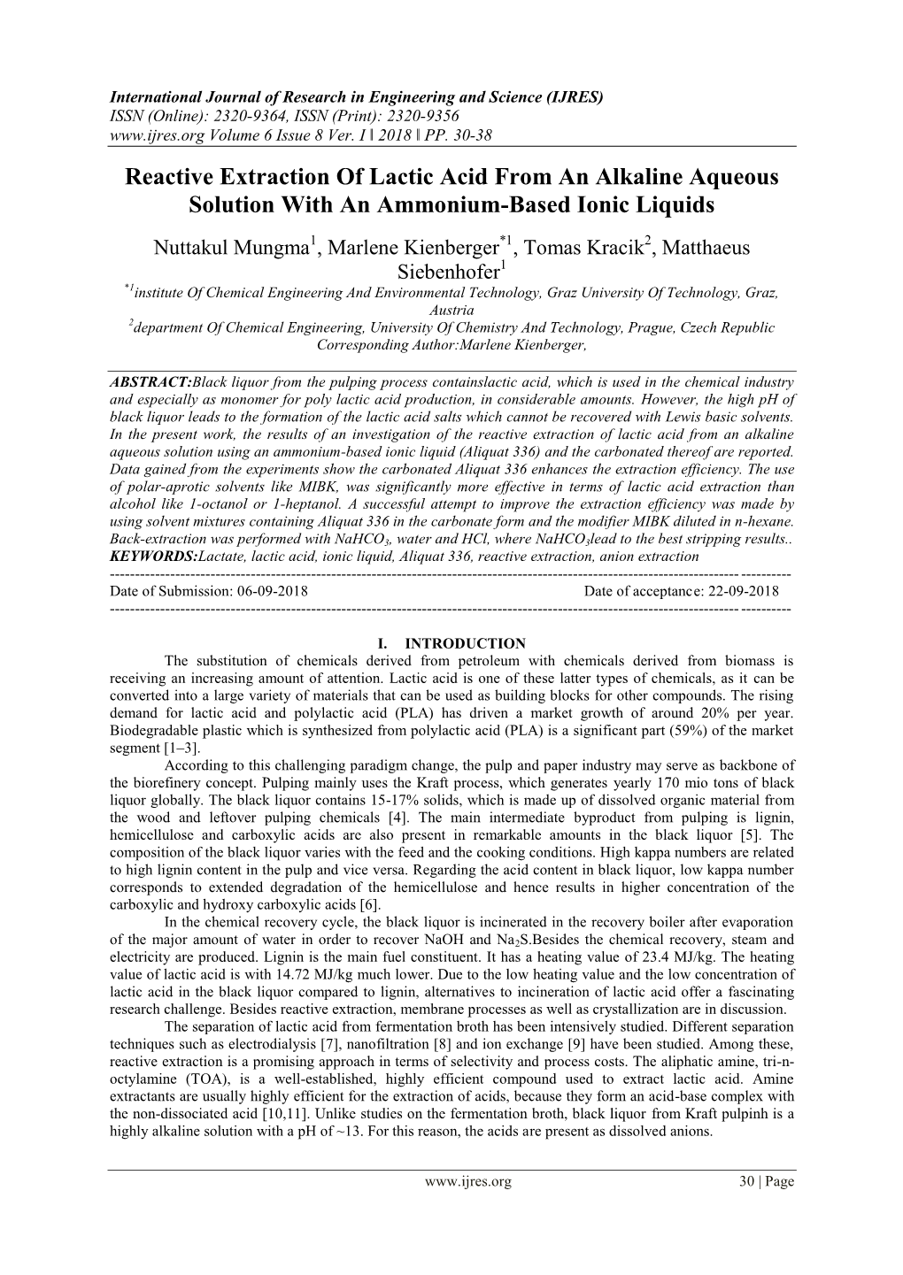 Reactive Extraction of Lactic Acid from an Alkaline Aqueous Solution with an Ammonium-Based Ionic Liquids