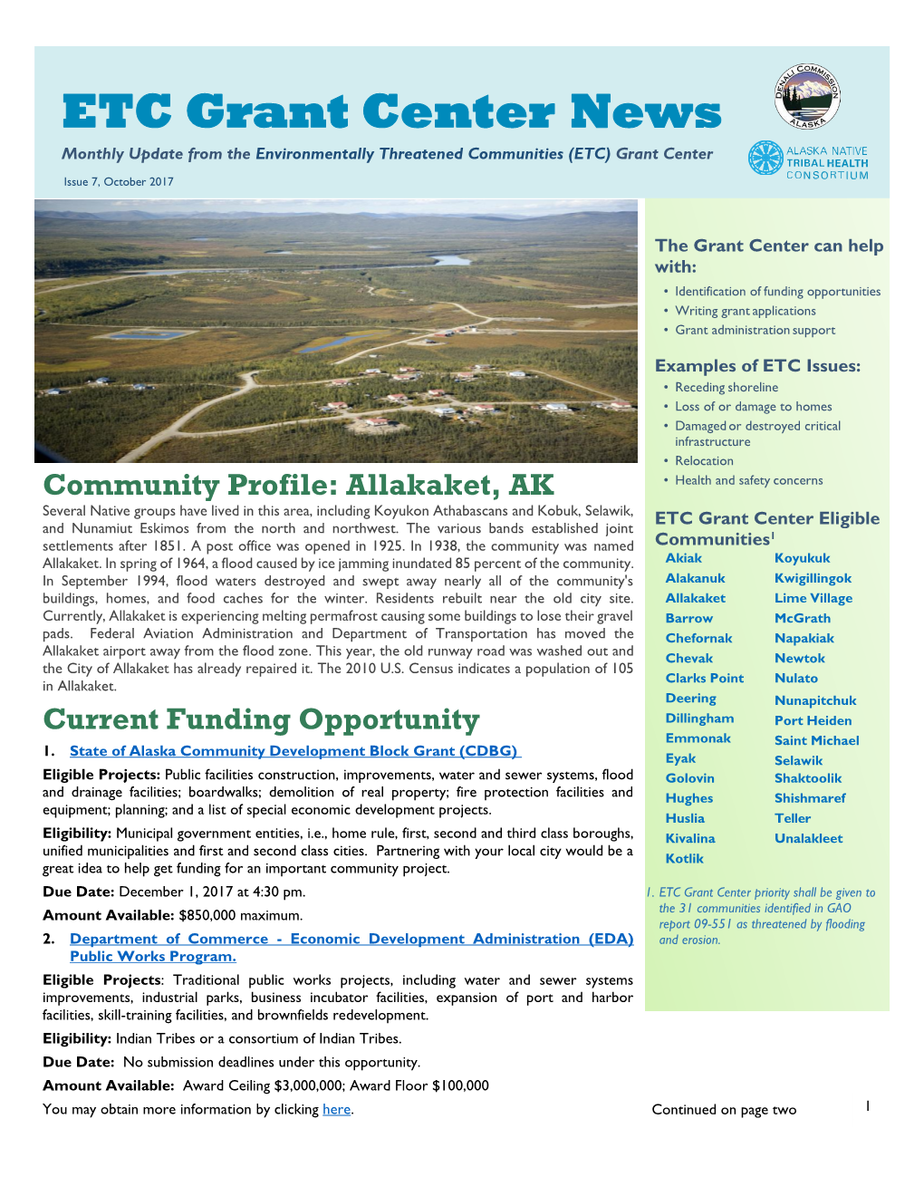ETC Grant Center News Monthly Update from the Environmentally Threatened Communities (ETC) Grant Center