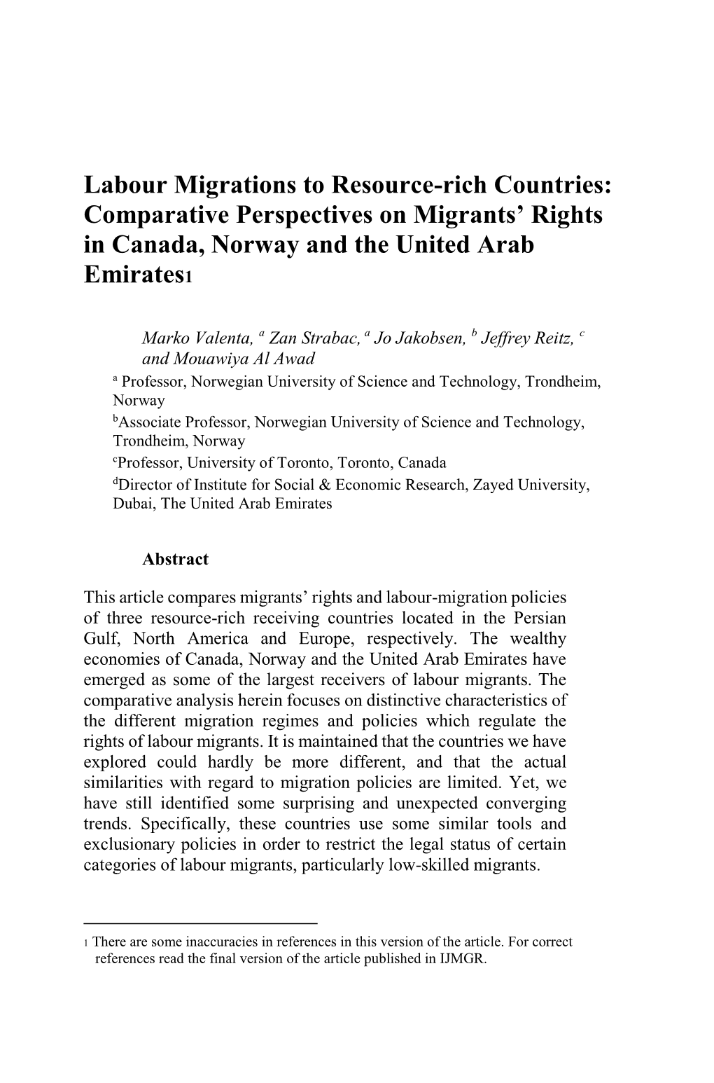 Labour Migrations to Resource-Rich Countries: Comparative Perspectives on Migrants’ Rights in Canada, Norway and the United Arab Emirates1