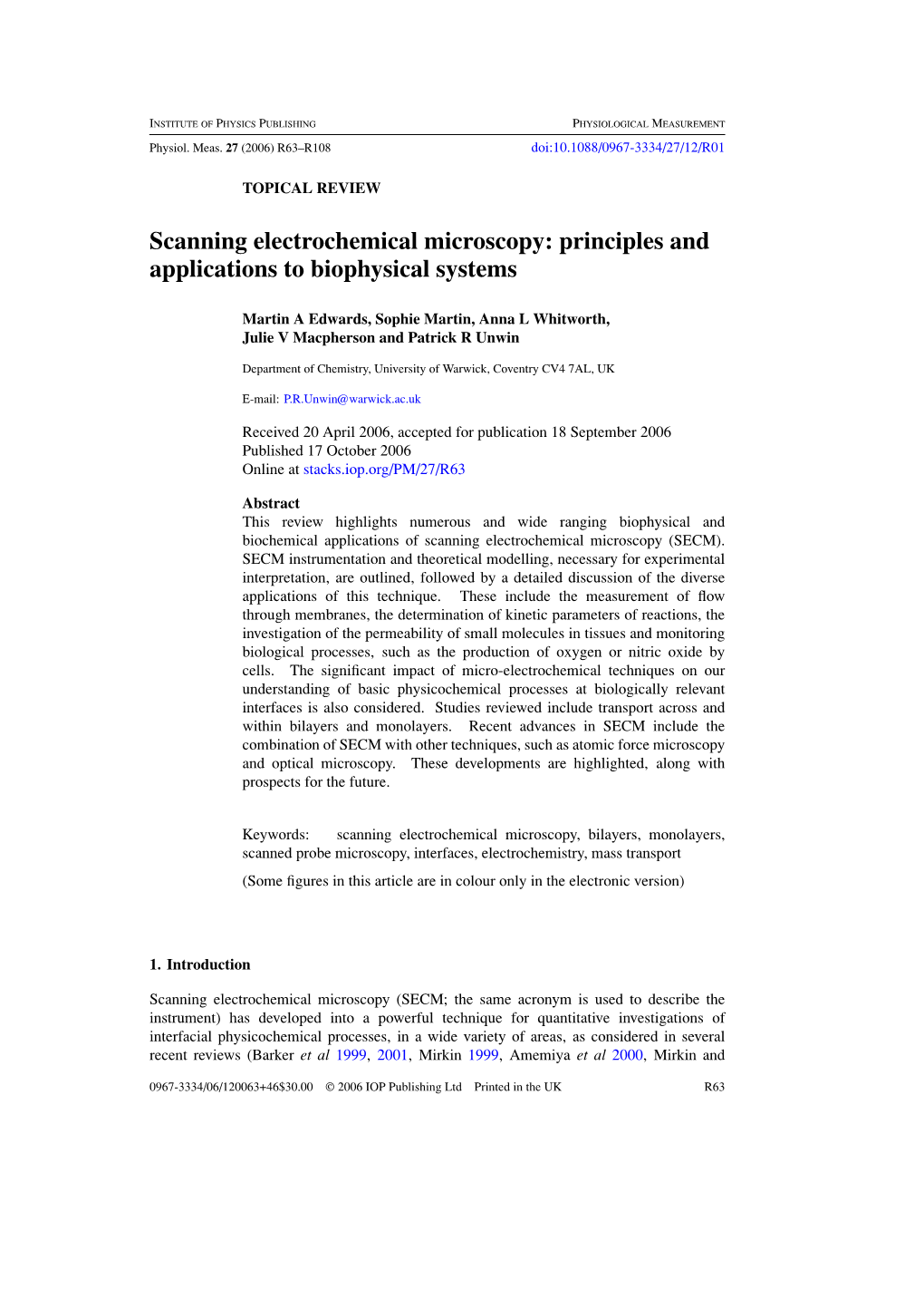 Scanning Electrochemical Microscopy: Principles and Applications to Biophysical Systems