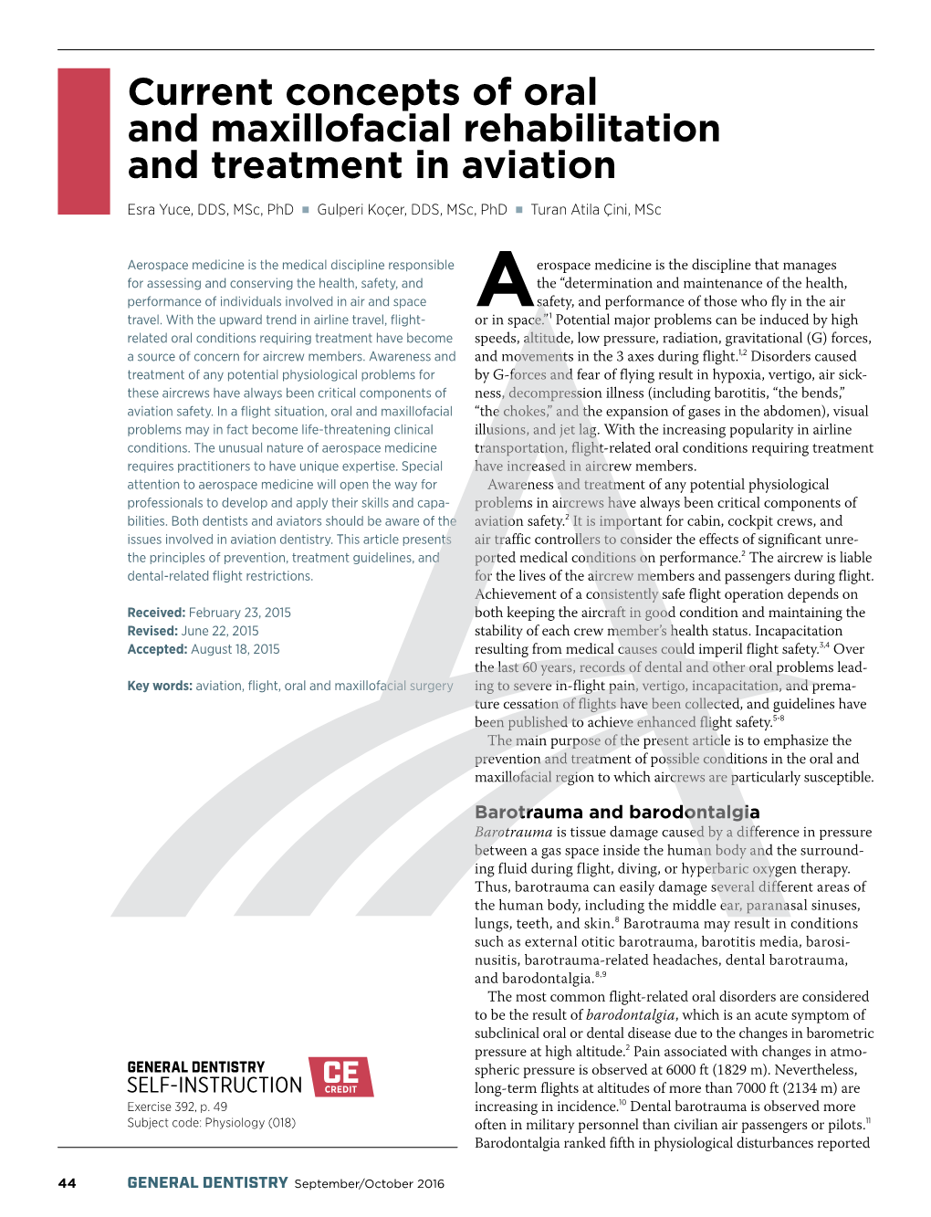 Current Concepts of Oral and Maxillofacial Rehabilitation and Treatment in Aviation