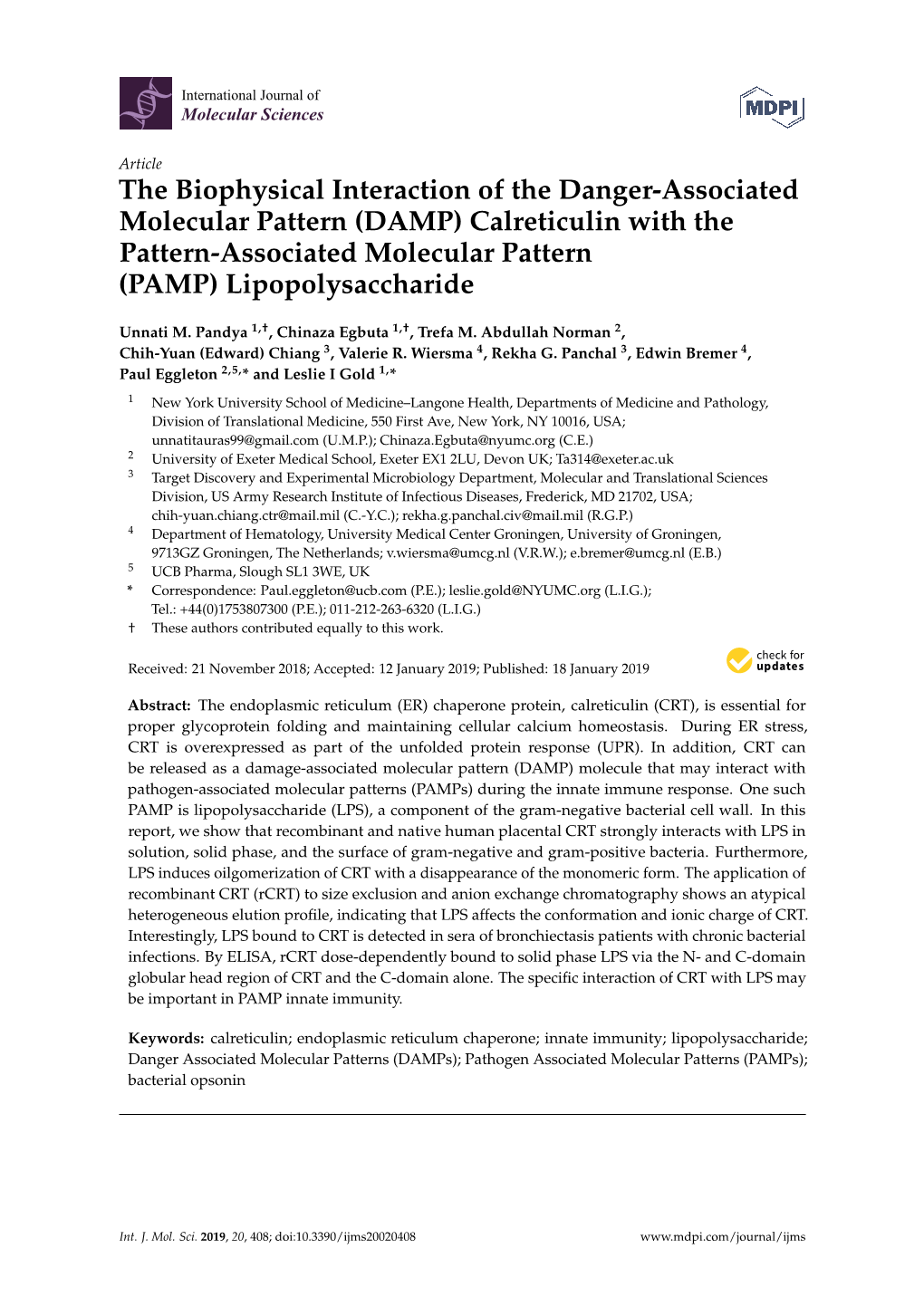 Calreticulin with the Pattern-Associated Molecular Pattern (PAMP) Lipopolysaccharide