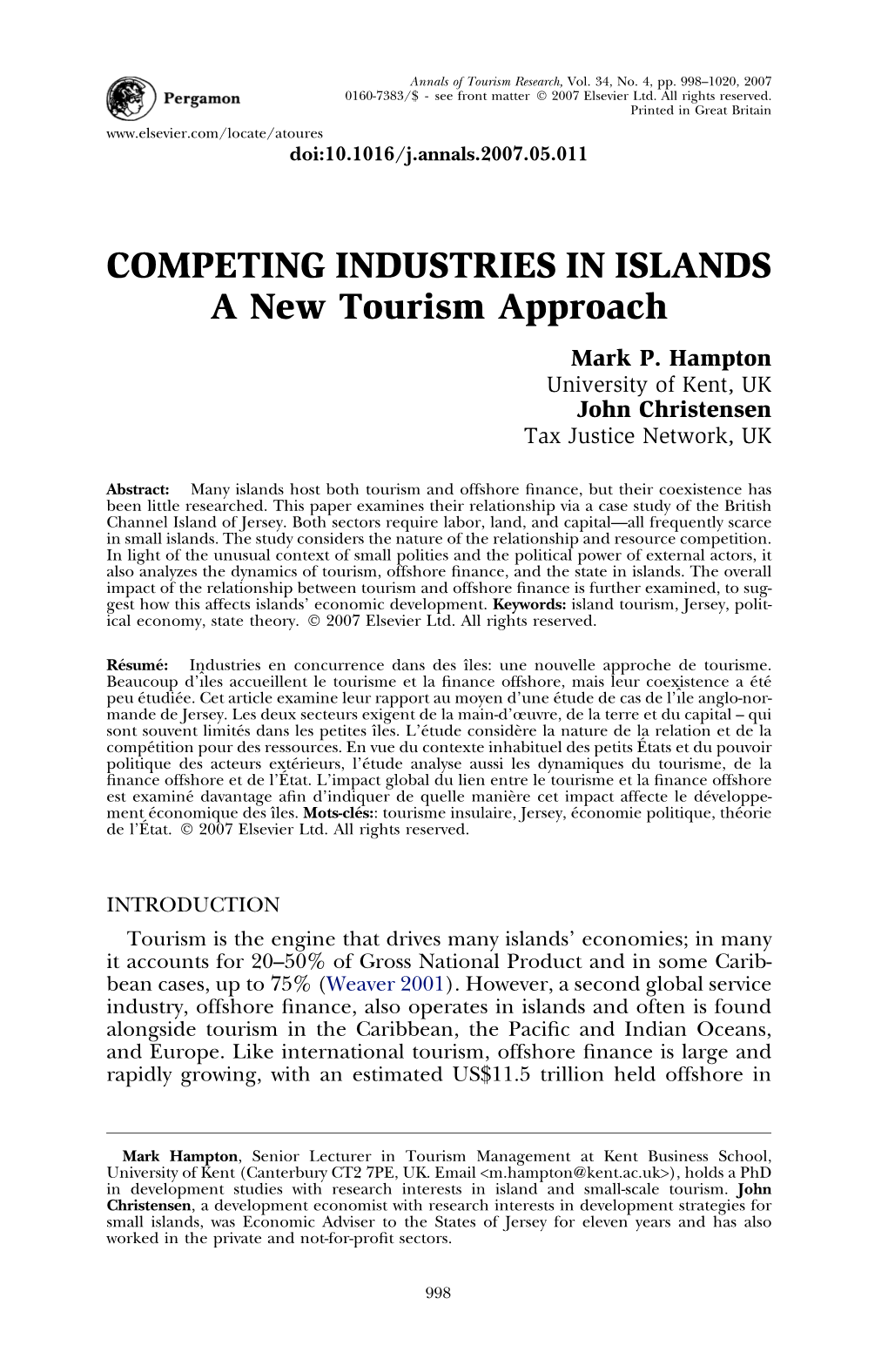 COMPETING INDUSTRIES in ISLANDS a New Tourism Approach Mark P