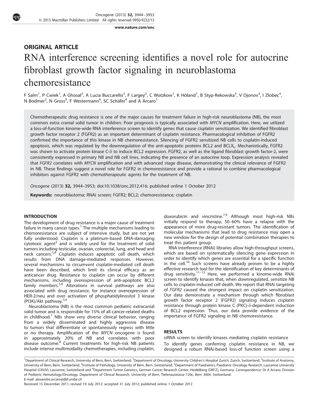 RNA Interference Screening Identifies a Novel Role for Autocrine Fibroblast Growth Factor Signaling in Neuroblastoma Chemoresist