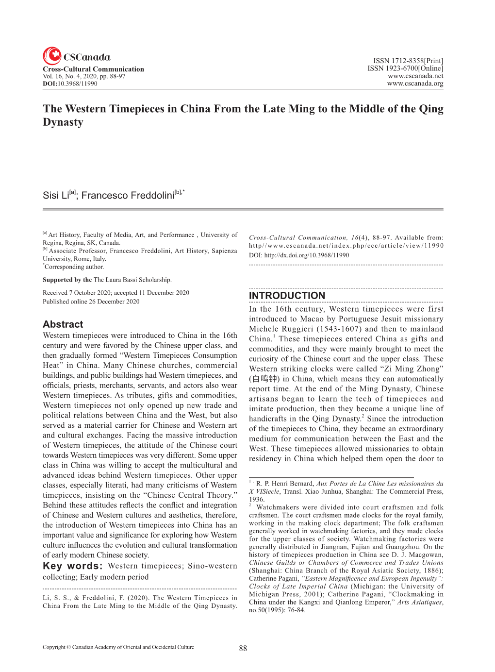 The Western Timepieces in China from the Late Ming to the Middle of the Qing Dynasty