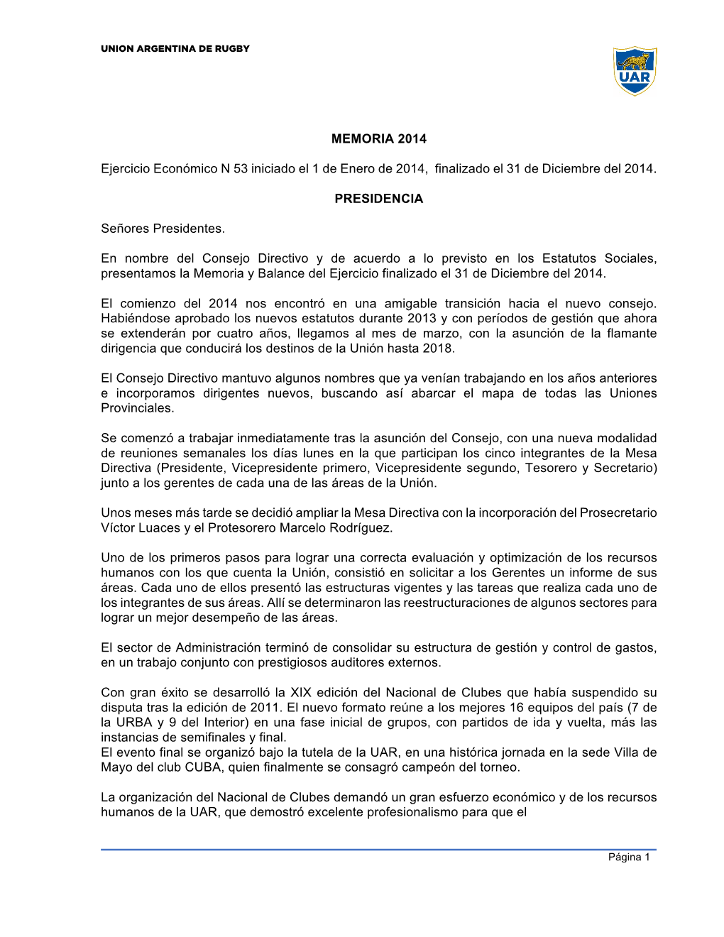 MEMORIA 2014 Ejercicio Económico N 53 Iniciado El 1 De Enero De