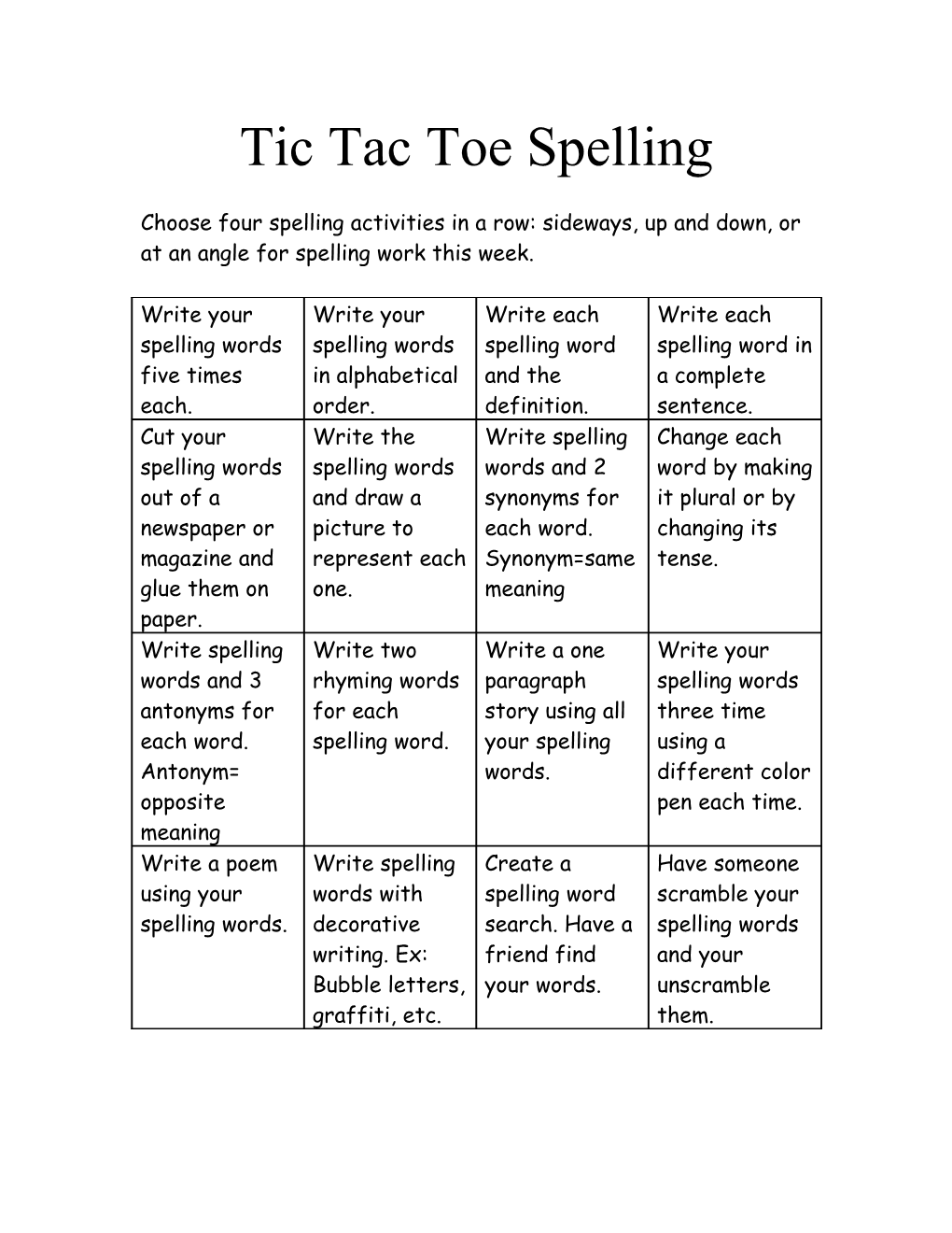 Tic Tac Toe Spelling