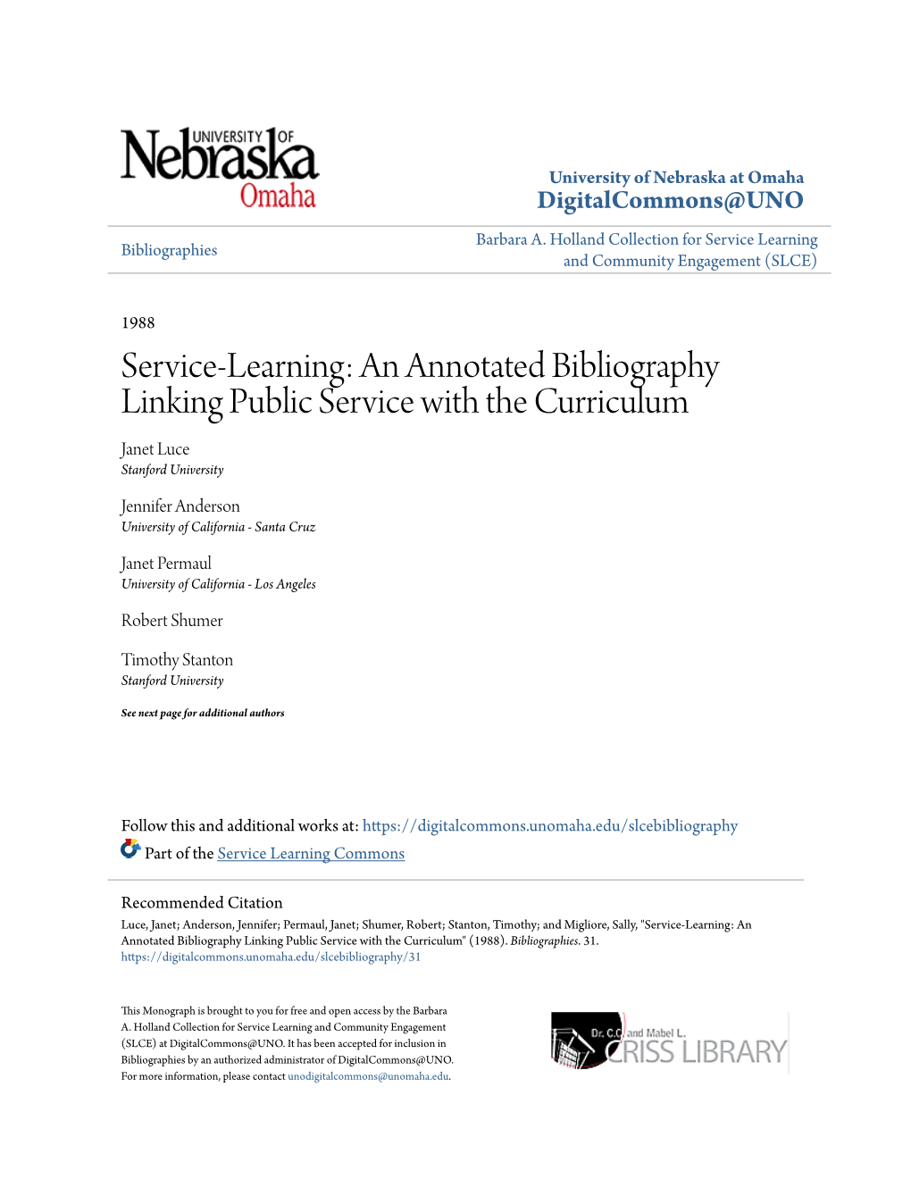An Annotated Bibliography Linking Public Service with the Curriculum Janet Luce Stanford University