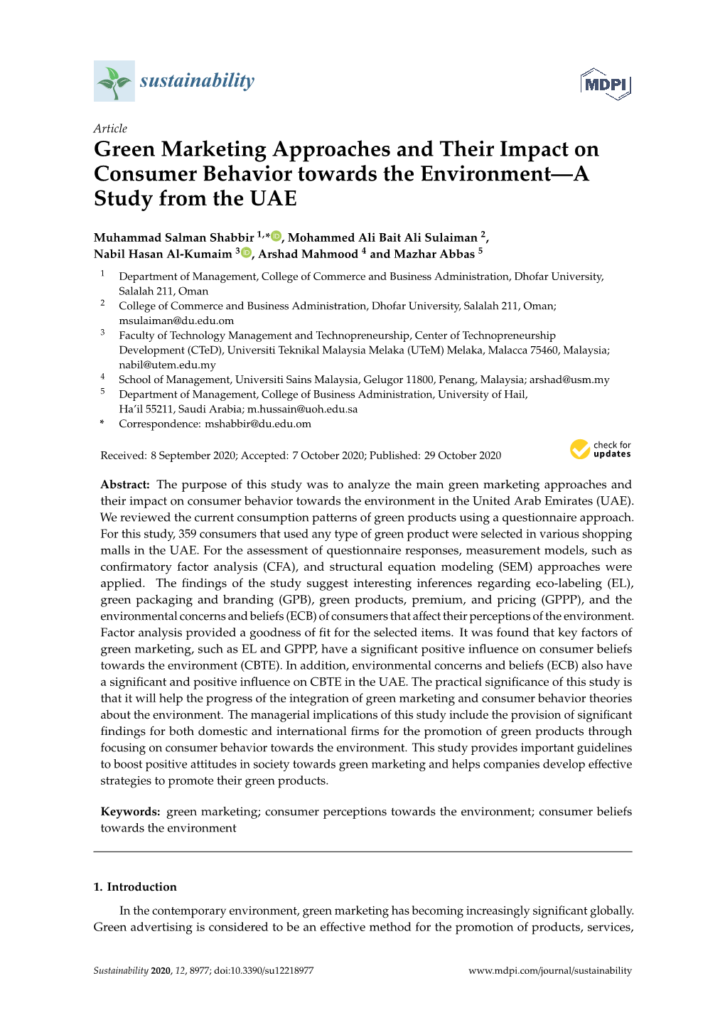 Green Marketing Approaches and Their Impact on Consumer Behavior Towards the Environment—A Study from the UAE