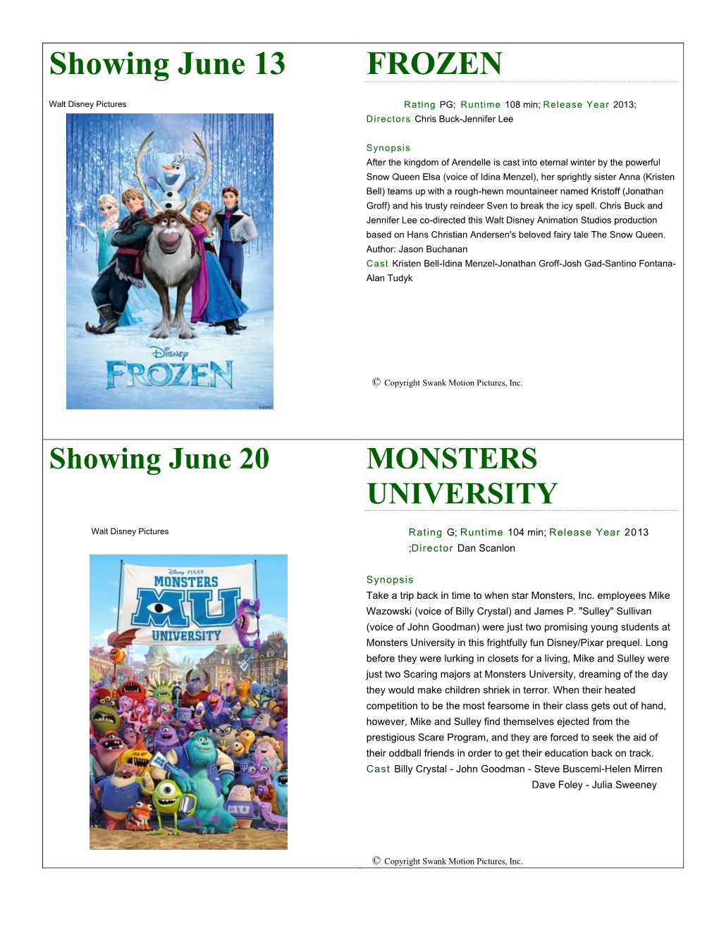 Showing June 13 FROZEN