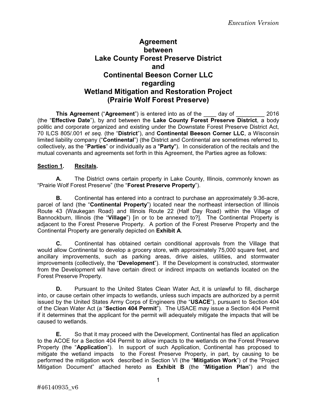 Agreement Between Lake County Forest Preserve District And