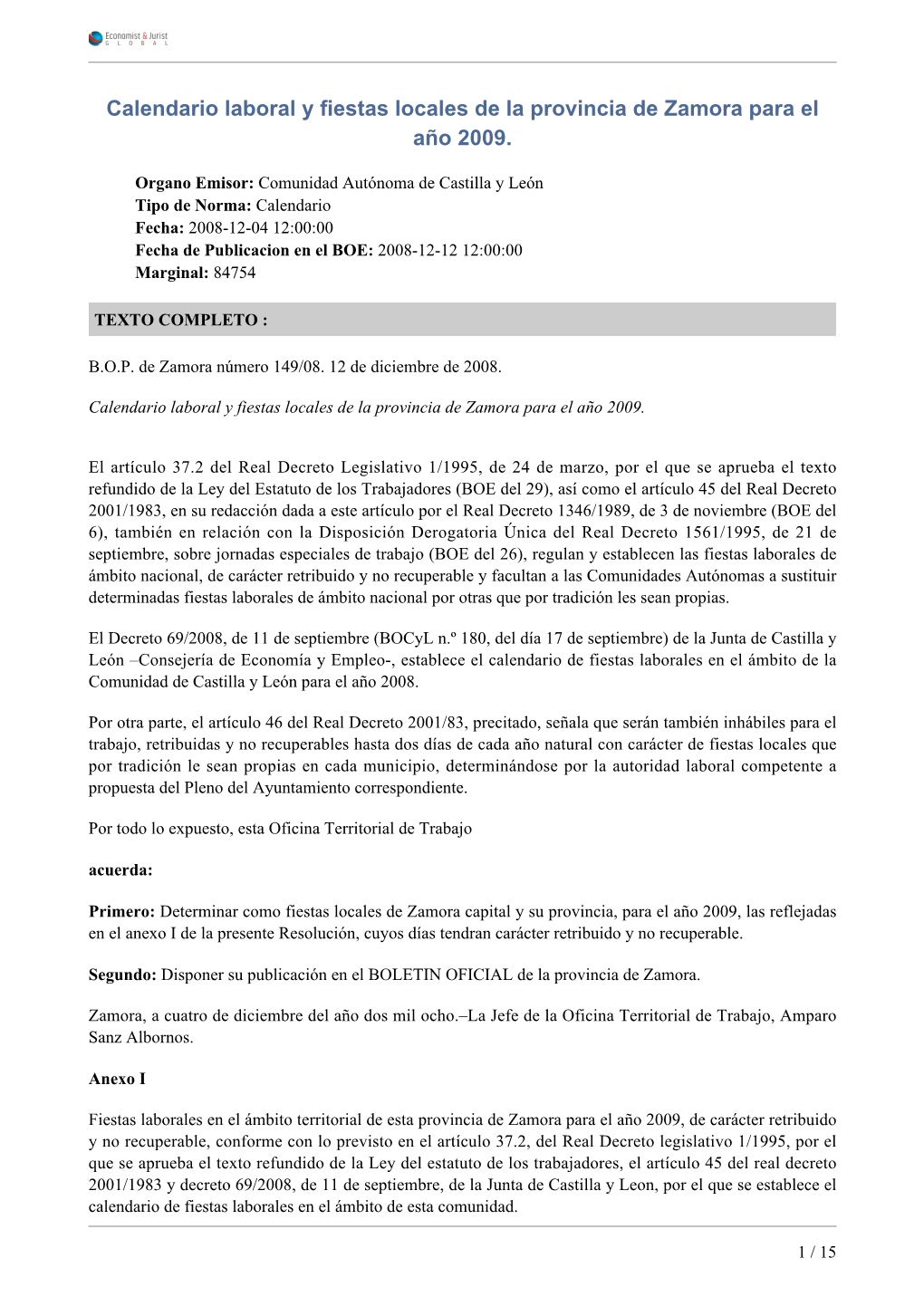 Calendario Laboral Y Fiestas Locales De La Provincia De Zamora Para El Año 2009