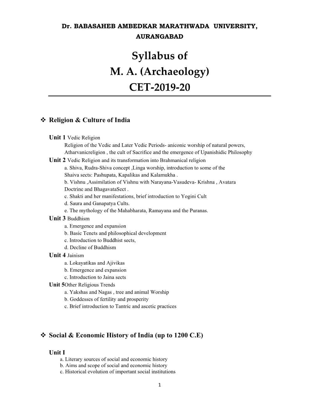 Syllabus of M. A. (Archaeology) CET-2019-20