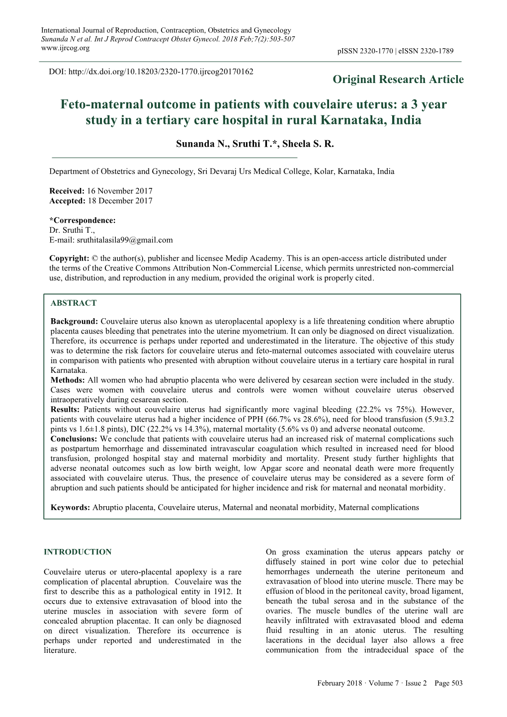 Feto-Maternal Outcome in Patients with Couvelaire Uterus: a 3 Year Study in a Tertiary Care Hospital in Rural Karnataka, India