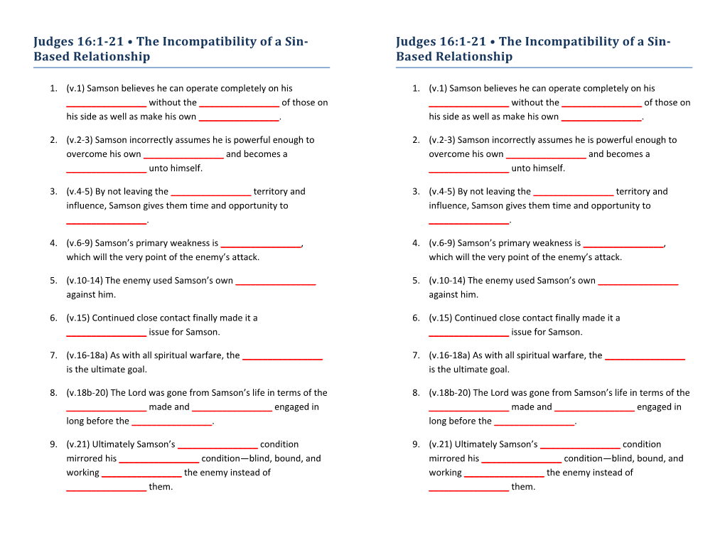 Judges 16:1-21 the Incompatibility of a Sin-Based Relationship