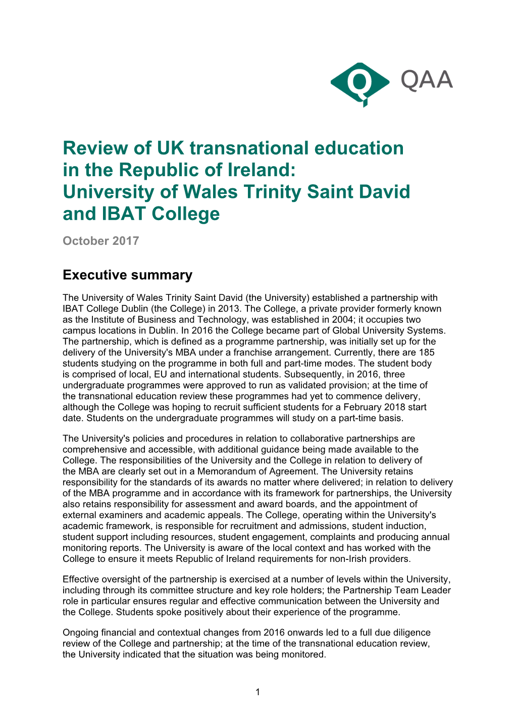 University of Wales Trinity Saint David and IBAT College October 2017