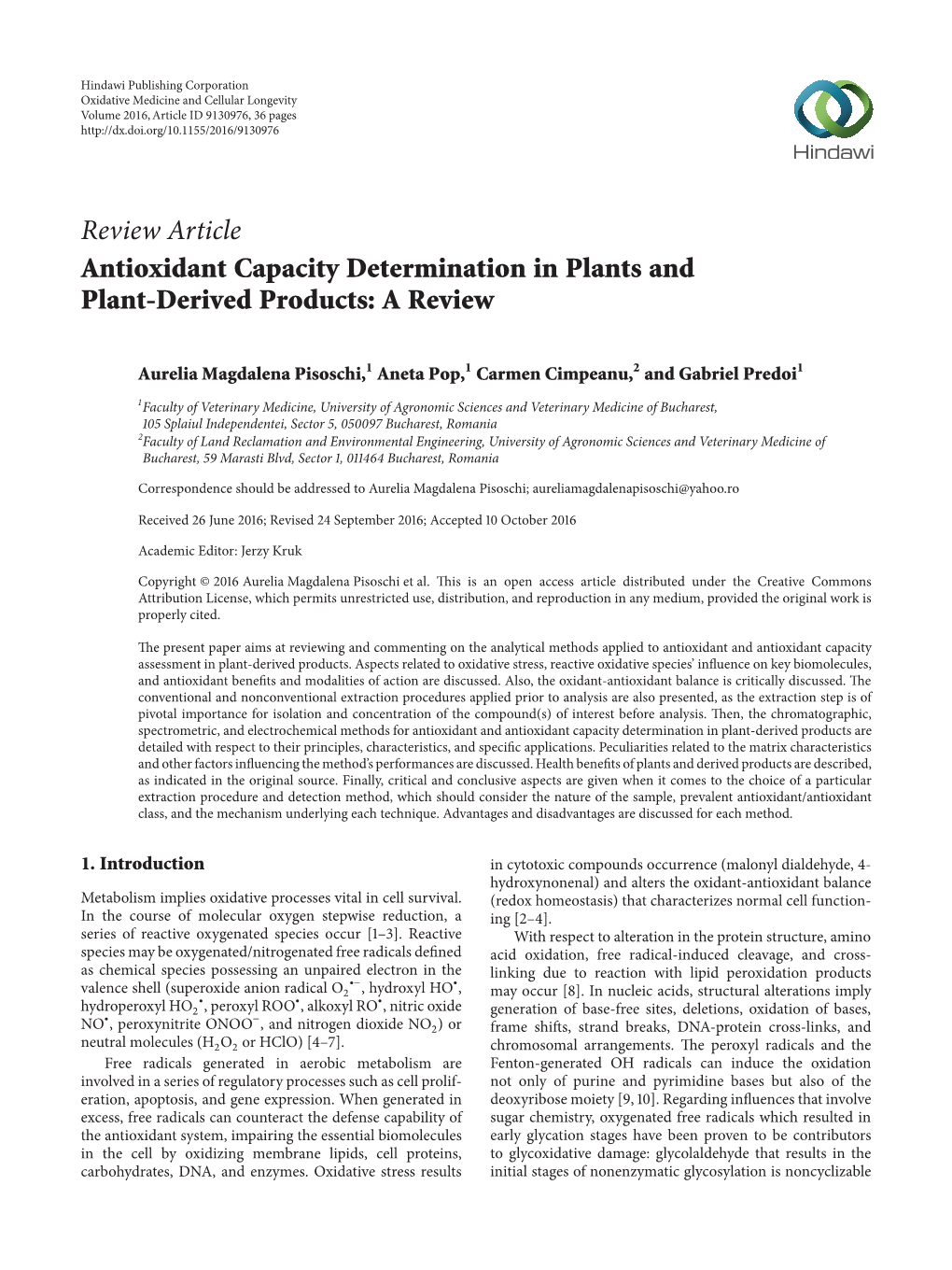 Review Article Antioxidant Capacity Determination in Plants and Plant-Derived Products: a Review
