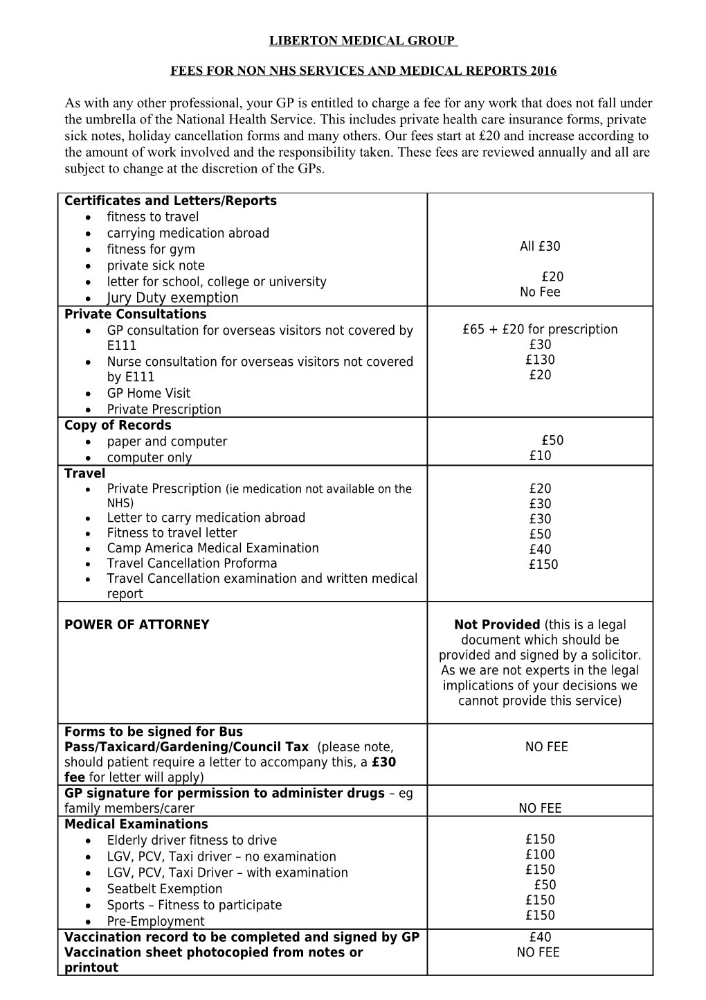 List of Fees for Non Nhs Services And