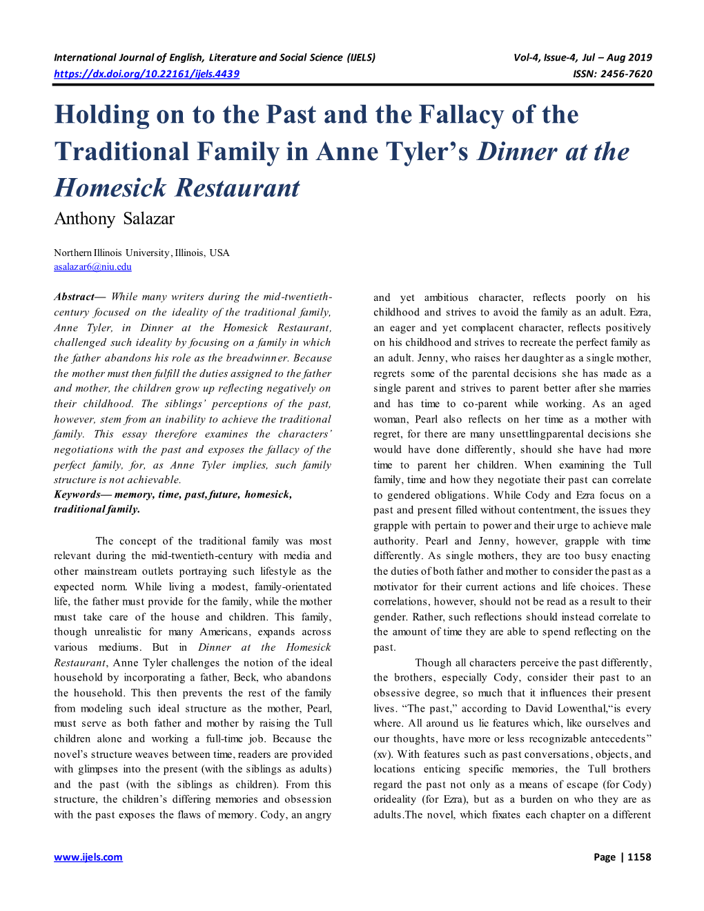 Holding on to the Past and the Fallacy of the Traditional Family in Anne Tyler’S Dinner at the Homesick Restaurant Anthony Salazar