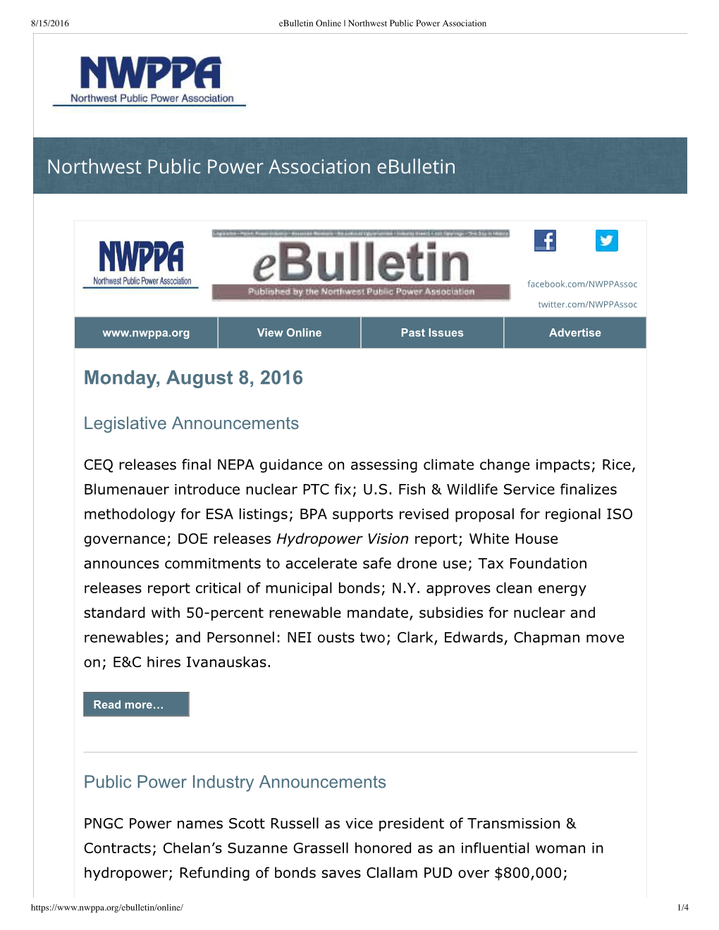 Northwest Public Power Association Ebulletin Monday, August 8, 2016