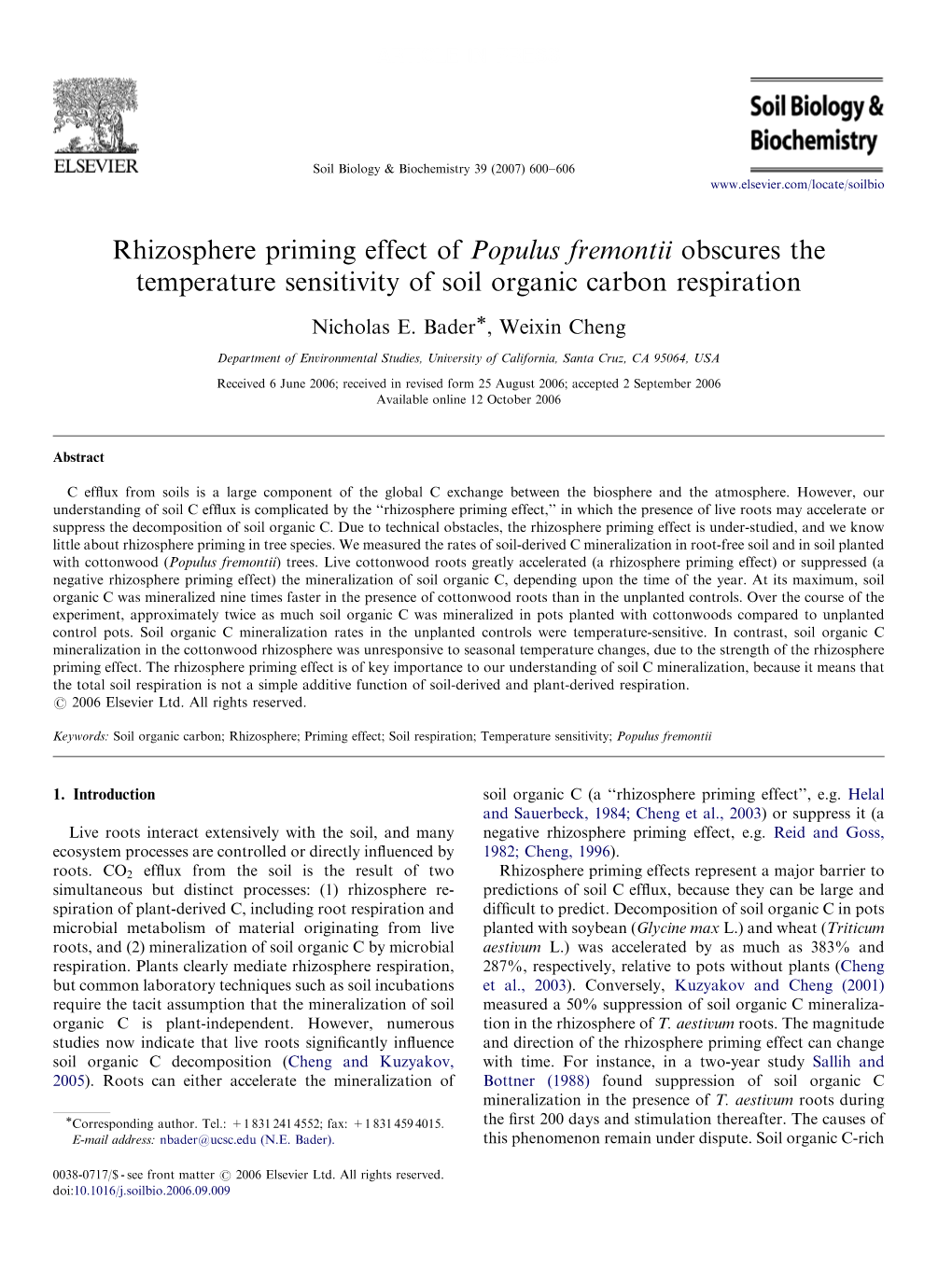 Rhizosphere Priming Effect of Populus Fremontii Obscures the Temperature Sensitivity of Soil Organic Carbon Respiration