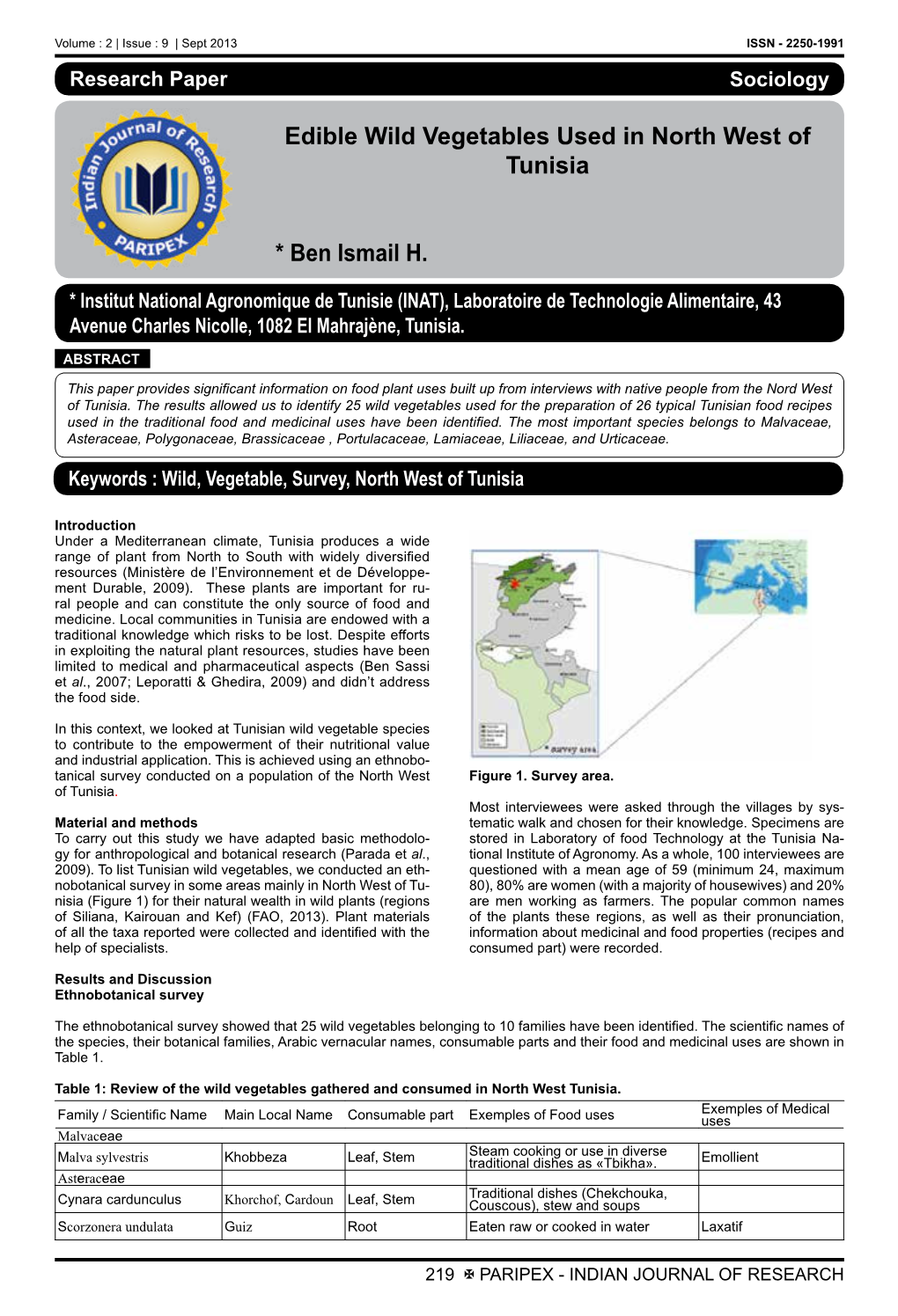 Edible Wild Vegetables Used in North West of Tunisia * Ben Ismail H
