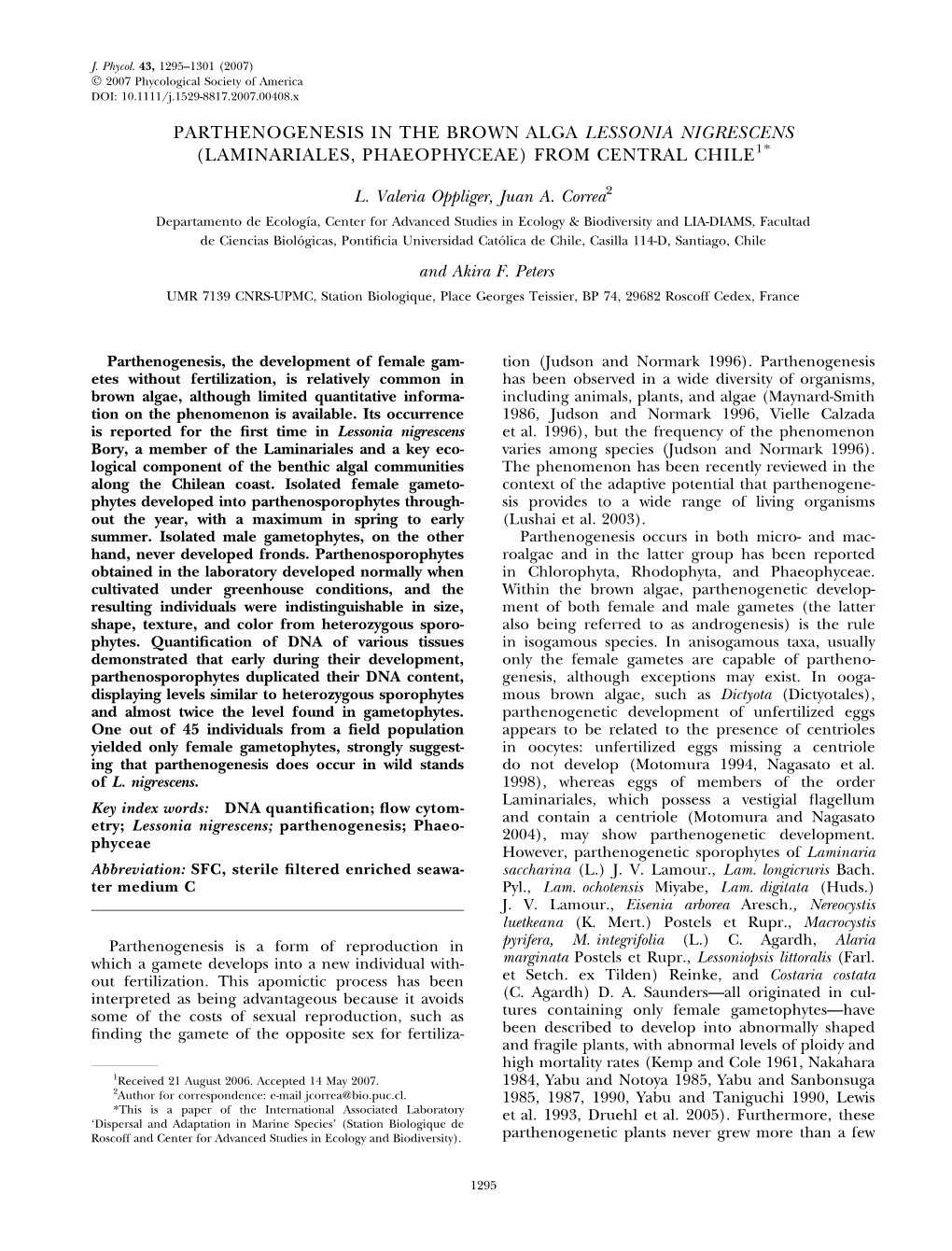 Parthenogenesis in the Brown Alga Lessonia Nigrescens (Laminariales, Phaeophyceae) from Central Chile1*