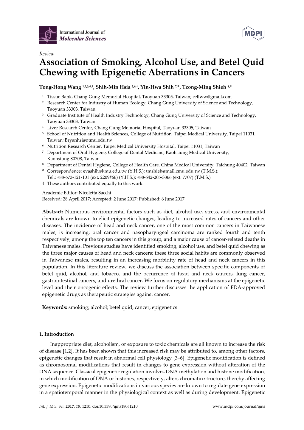 Association of Smoking, Alcohol Use, and Betel Quid Chewing with Epigenetic Aberrations in Cancers