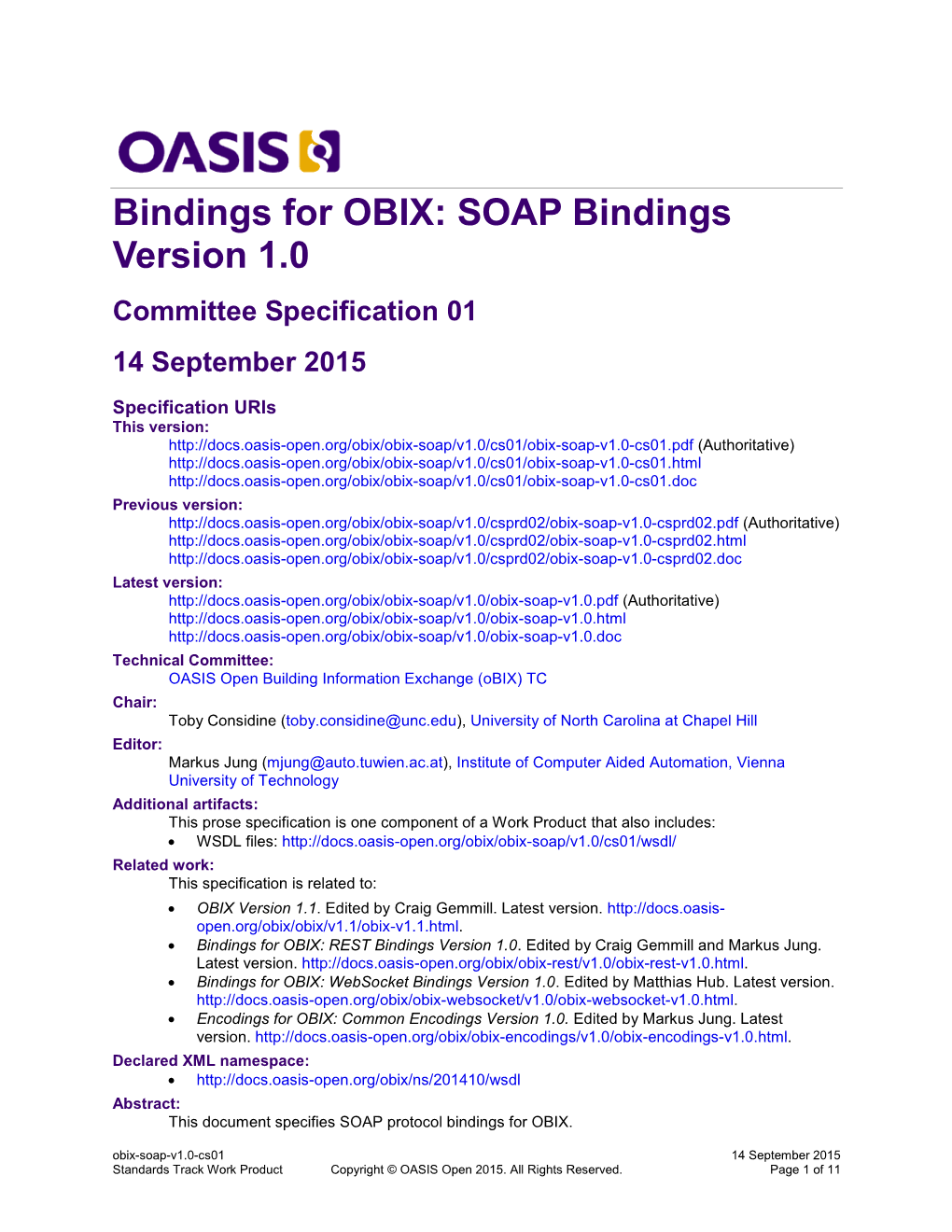 Bindings for OBIX: SOAP Bindings Version 1.0 Committee Specification 01 14 September 2015