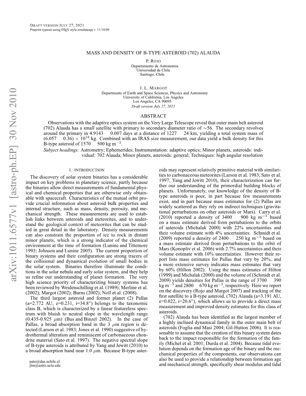 Mass and Density of B-Type Asteroid (702) Alauda