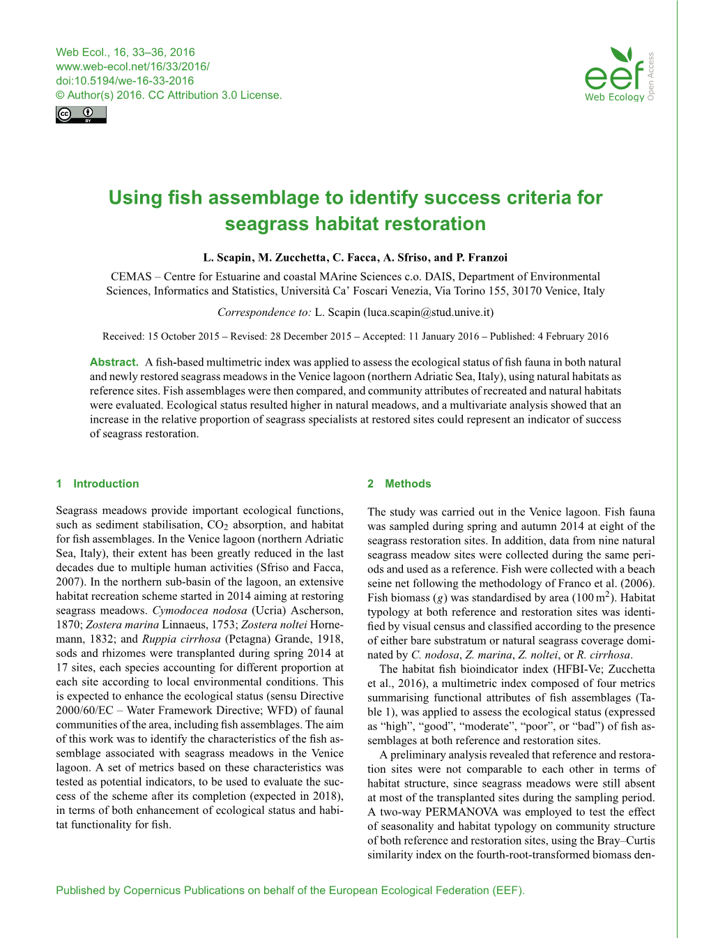 Using Fish Assemblage to Identify Success Criteria for Seagrass Habitat