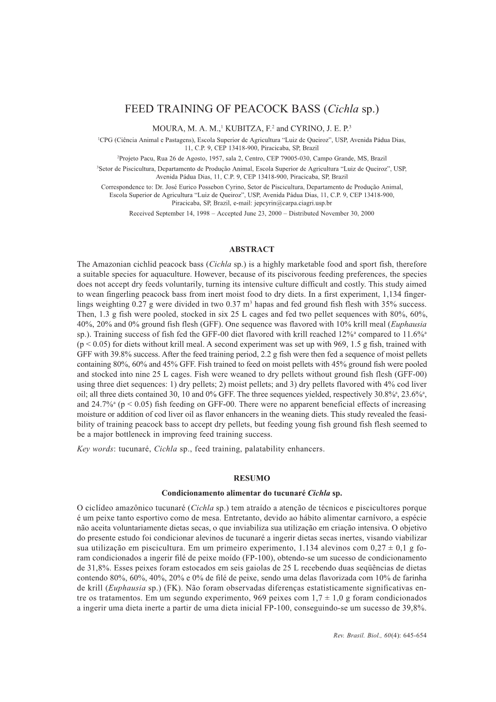 FEED TRAINING of PEACOCK BASS (Cichla Sp.) 645