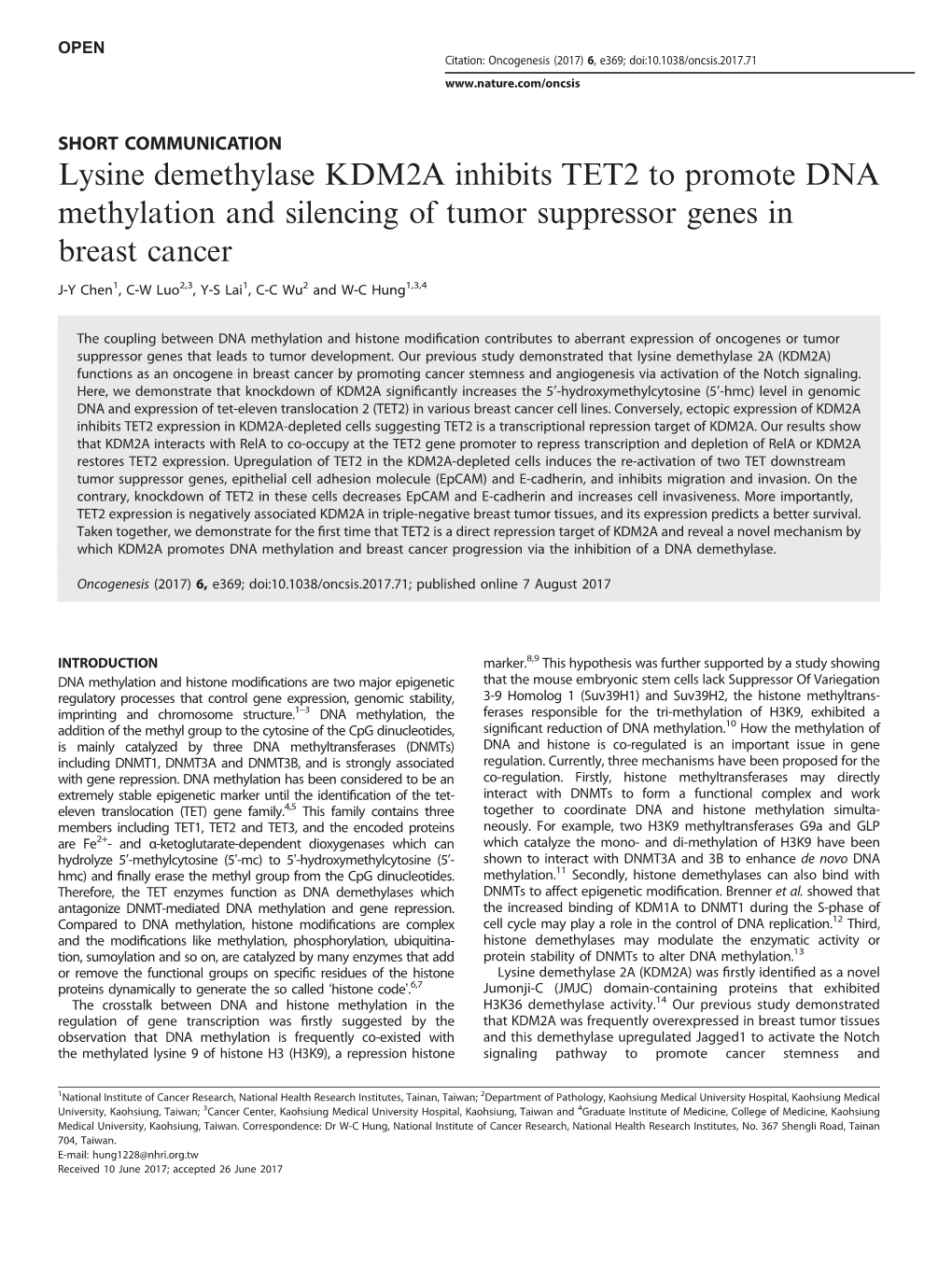 Lysine Demethylase KDM2A Inhibits TET2 to Promote DNA Methylation and Silencing of Tumor Suppressor Genes in Breast Cancer