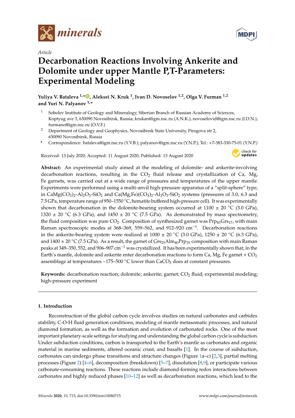 Decarbonation Reactions Involving Ankerite and Dolomite Under Upper Mantle P,T-Parameters: Experimental Modeling