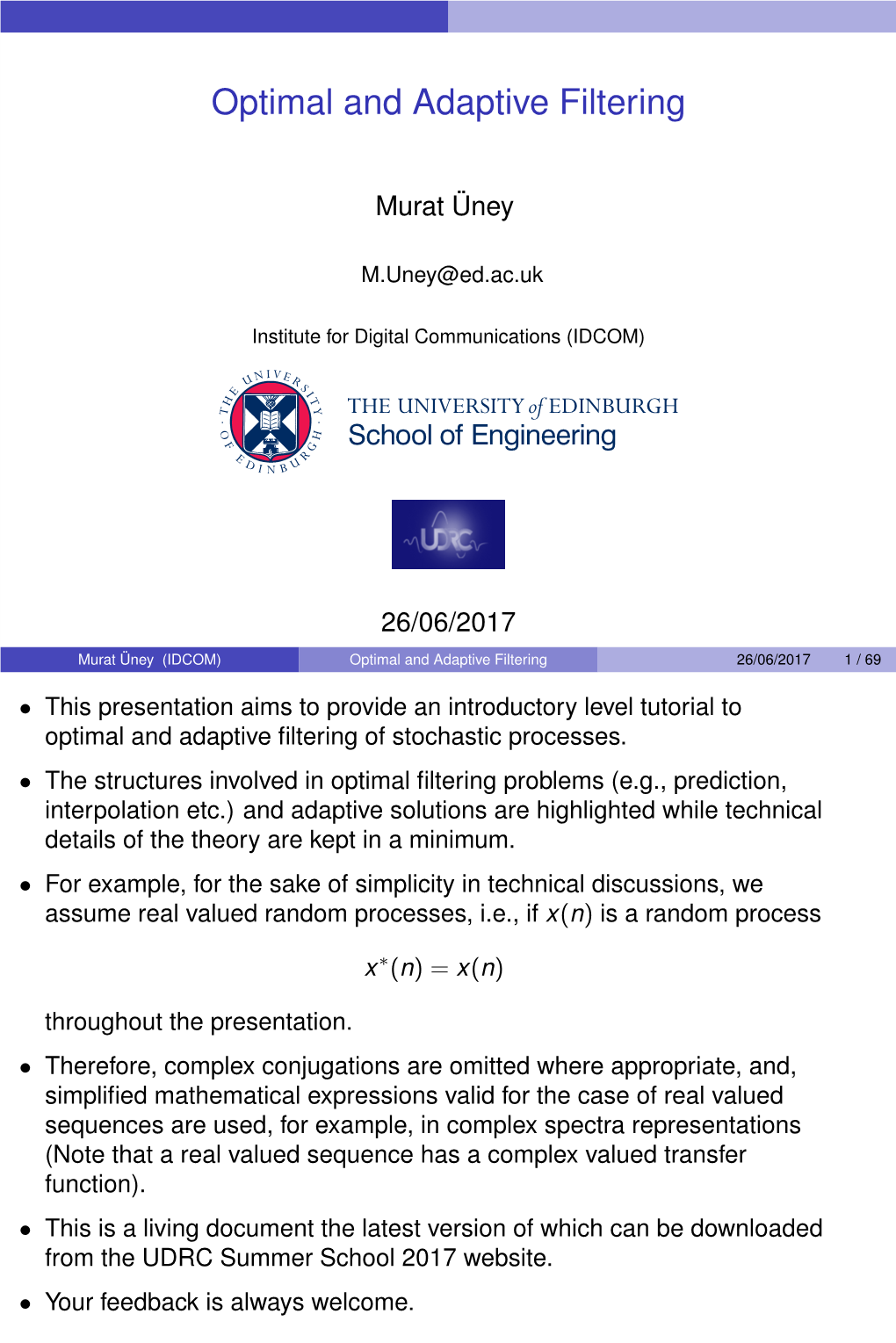 Lecture Handout Optimal and Adaptive Filtering